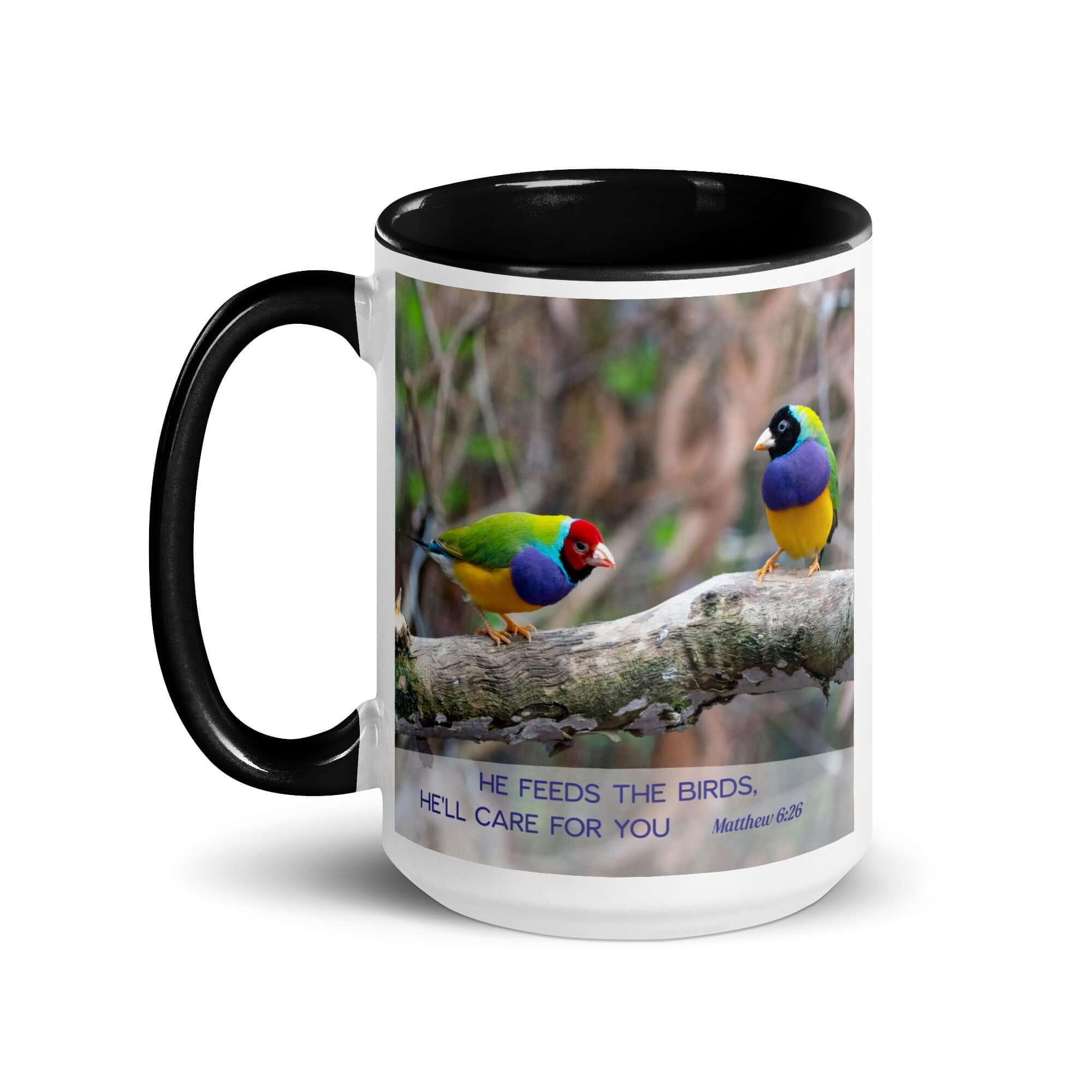 Matthew 6:26 Gouldian Finches, He'll Care for You White Ceramic Mug with Color Inside