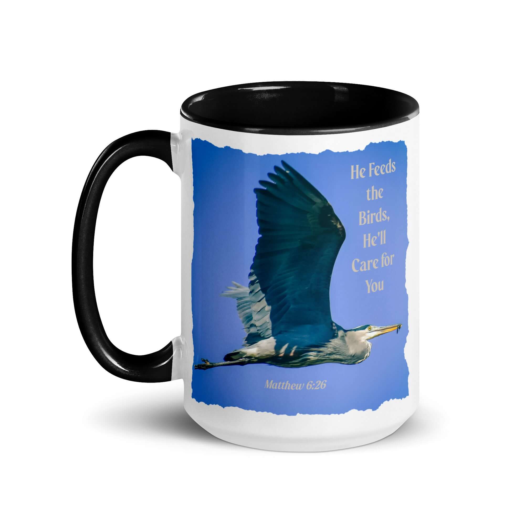Matthew 6:26 Graceful Heron, He'll Care for You White Ceramic Mug with Color Inside