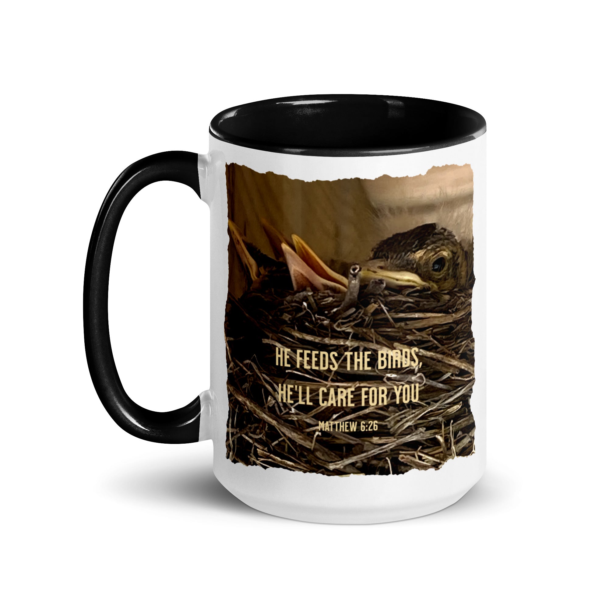 Matthew 6:26 Baby Robins, He'll Care for You White Ceramic Mug with Color Inside