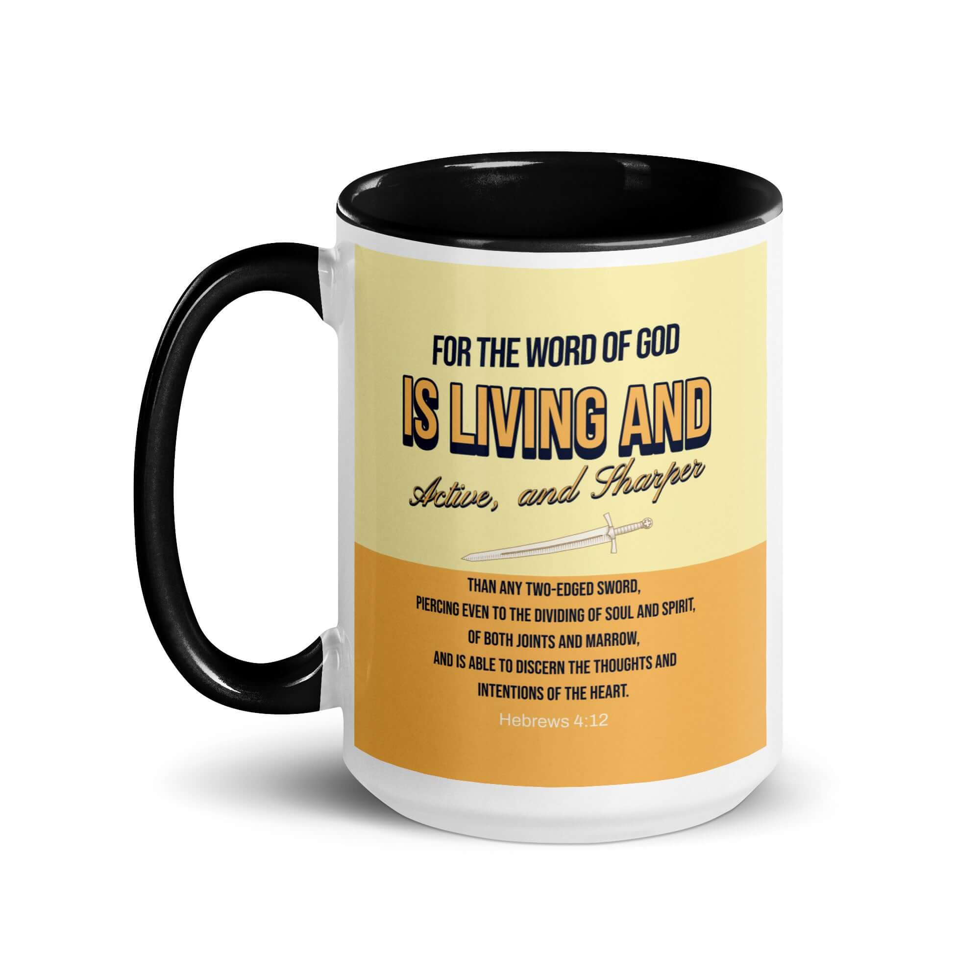 Hebrews 4:12 Bible Verse, living and active White Ceramic Mug with Color Inside