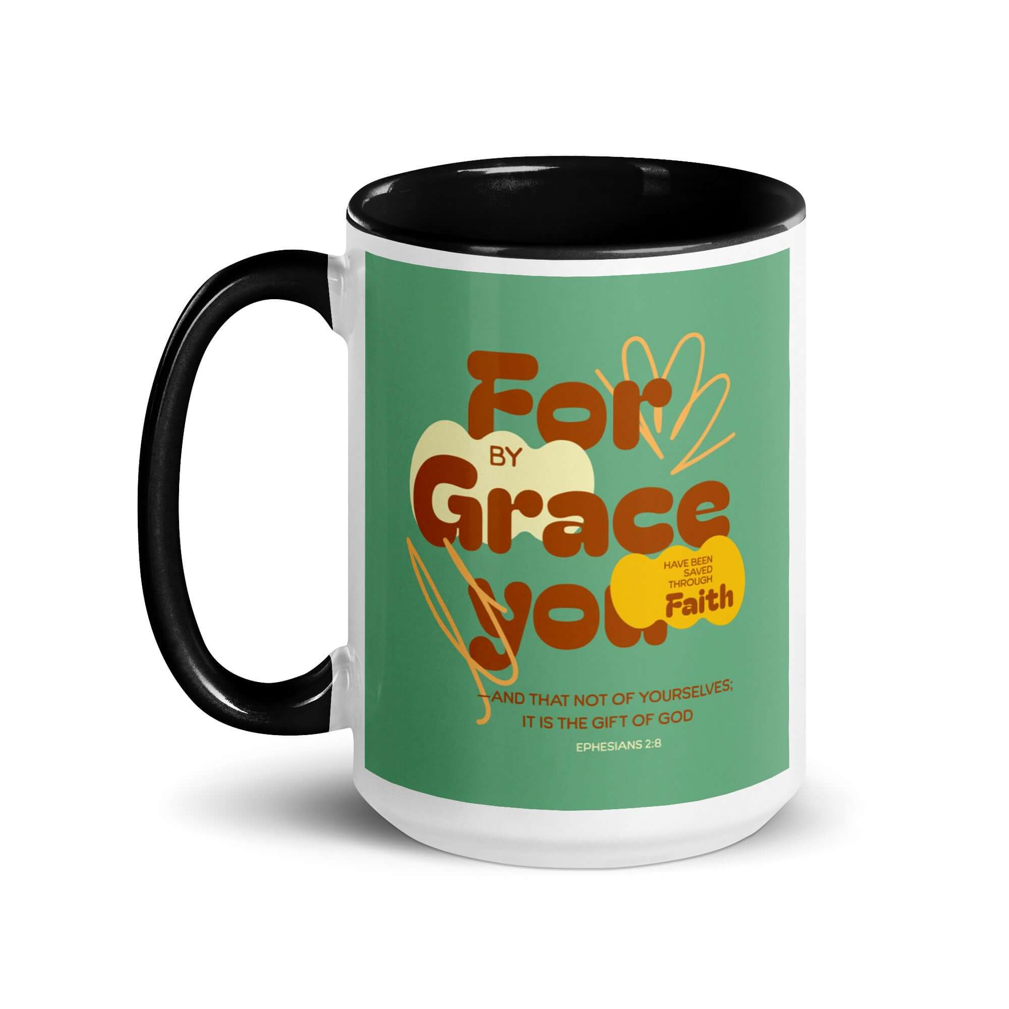 Ephesians 2:8 Bible Verse, for by grace White Ceramic Mug with Color Inside