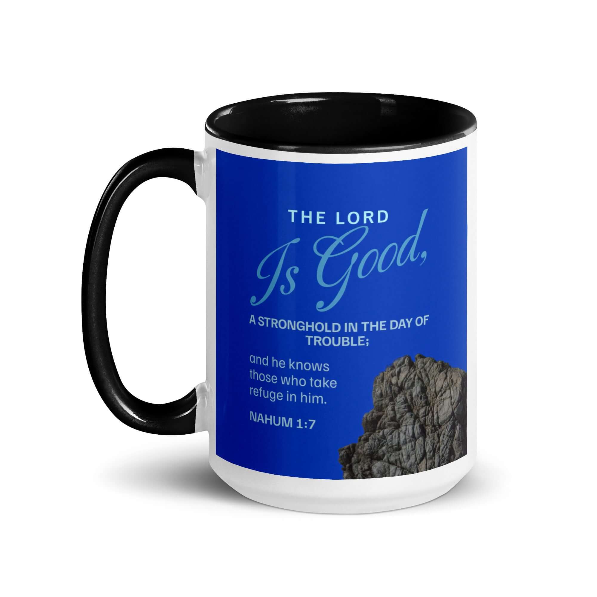 Nahum 1:7 Bible Verse, The LORD is a stronghold White Ceramic Mug with Color Inside
