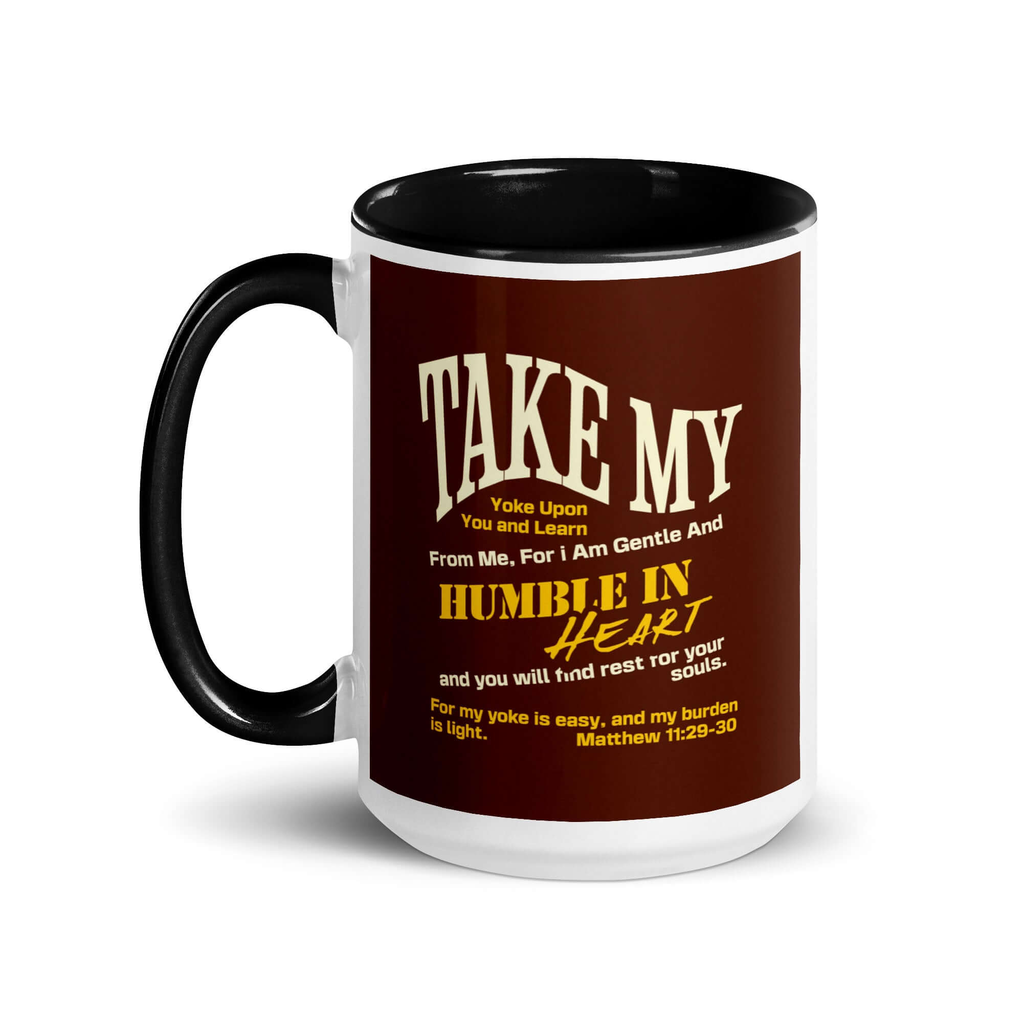 Matthew 11:29-30 Bible Verse, learn from me White Ceramic Mug with Color Inside