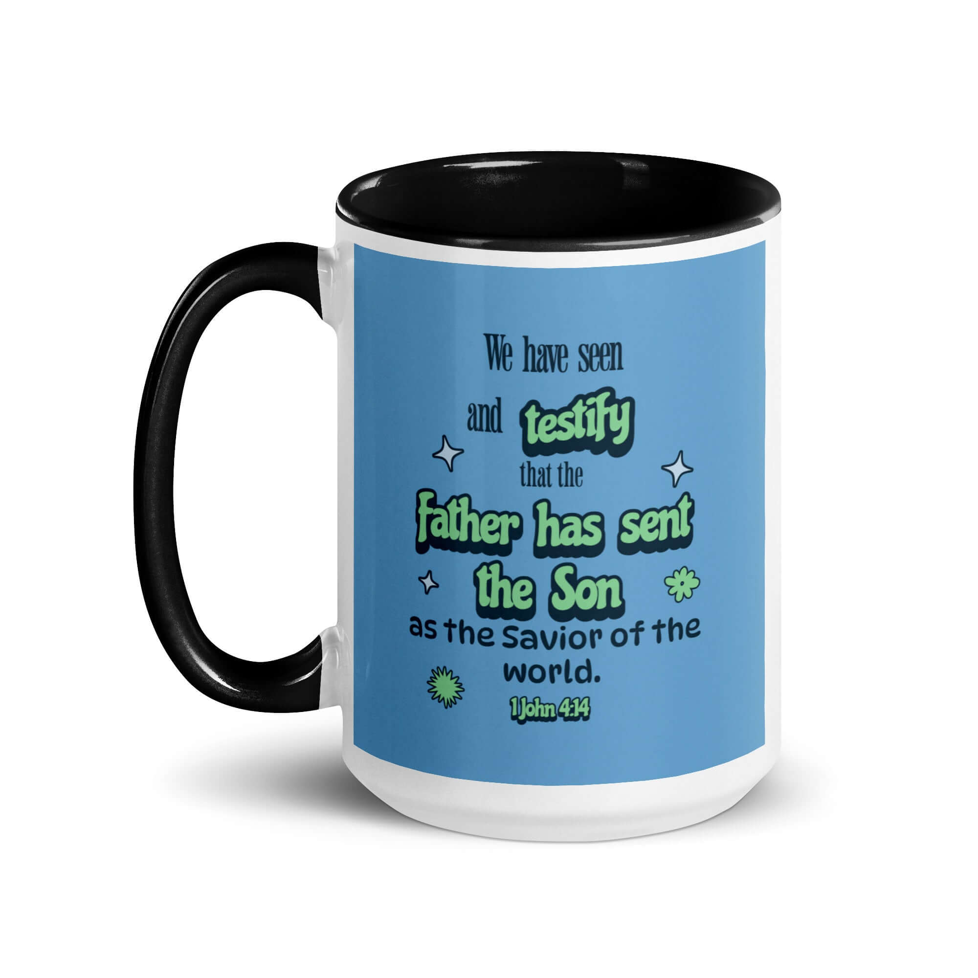 1 John 4:14 Bible Verse, sent the Son White Ceramic Mug with Color Inside