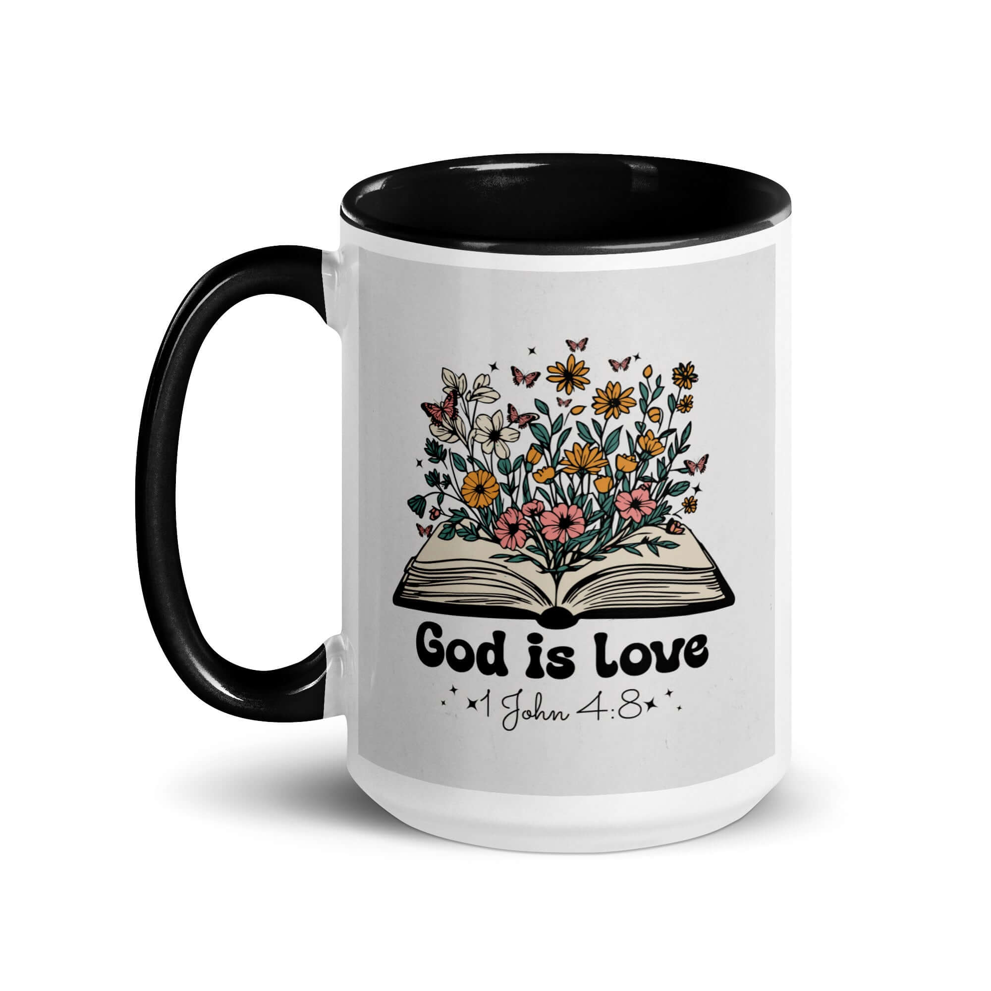 1 John 4:8 Bible Verse, God is Love White Ceramic Mug with Color Inside