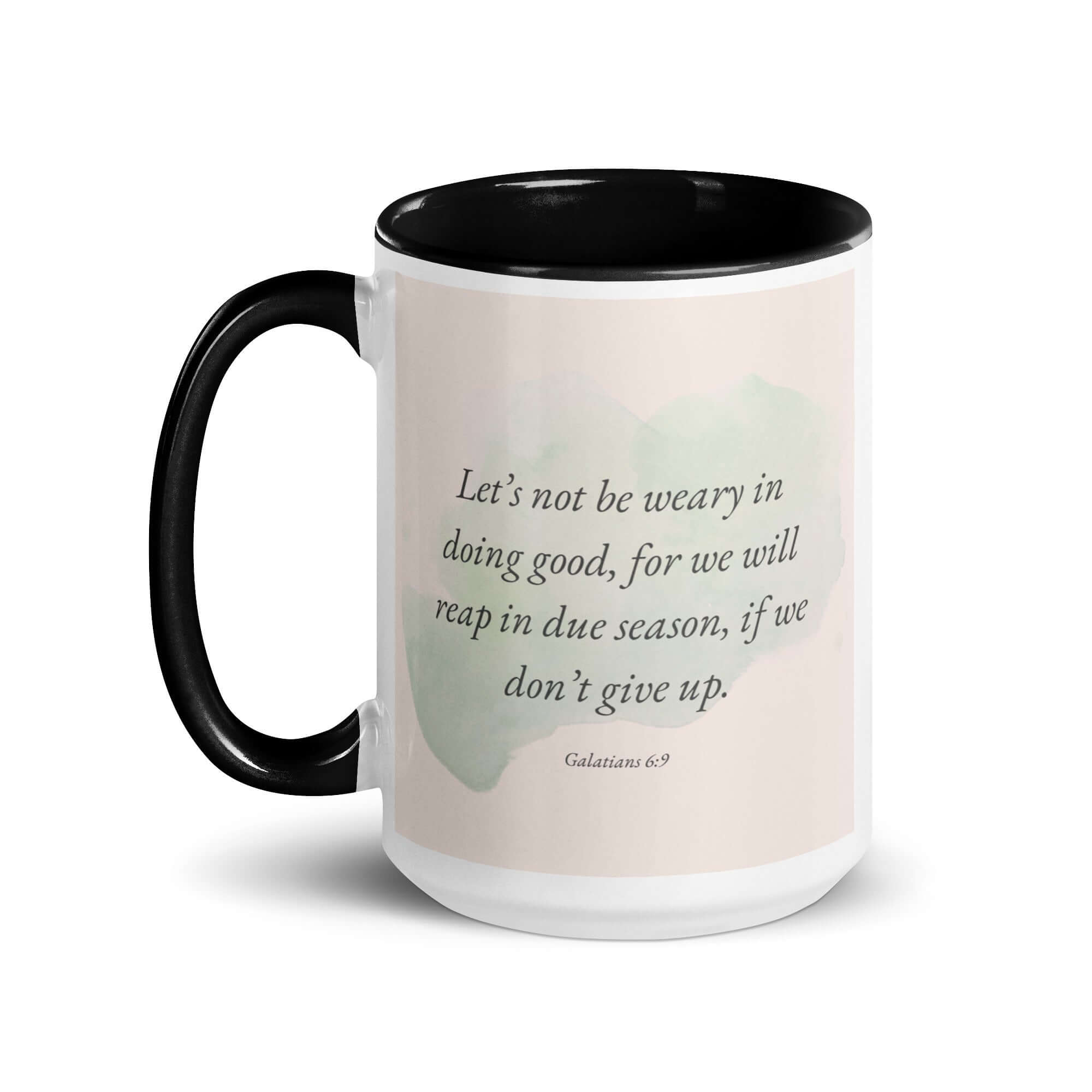 Galatians 6:9 Bible Verse, not be weary White Ceramic Mug with Color Inside