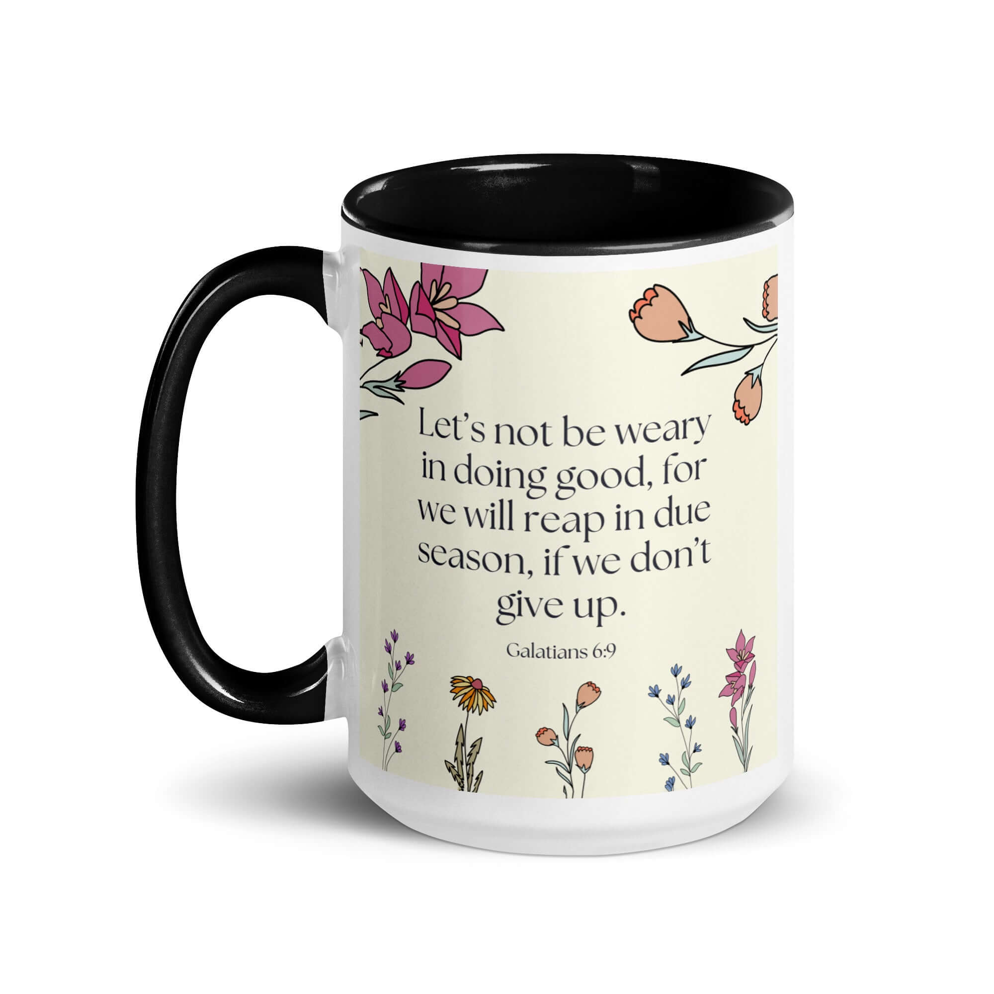 Galatians 6:9 Bible Verse, in doing good White Ceramic Mug with Color Inside