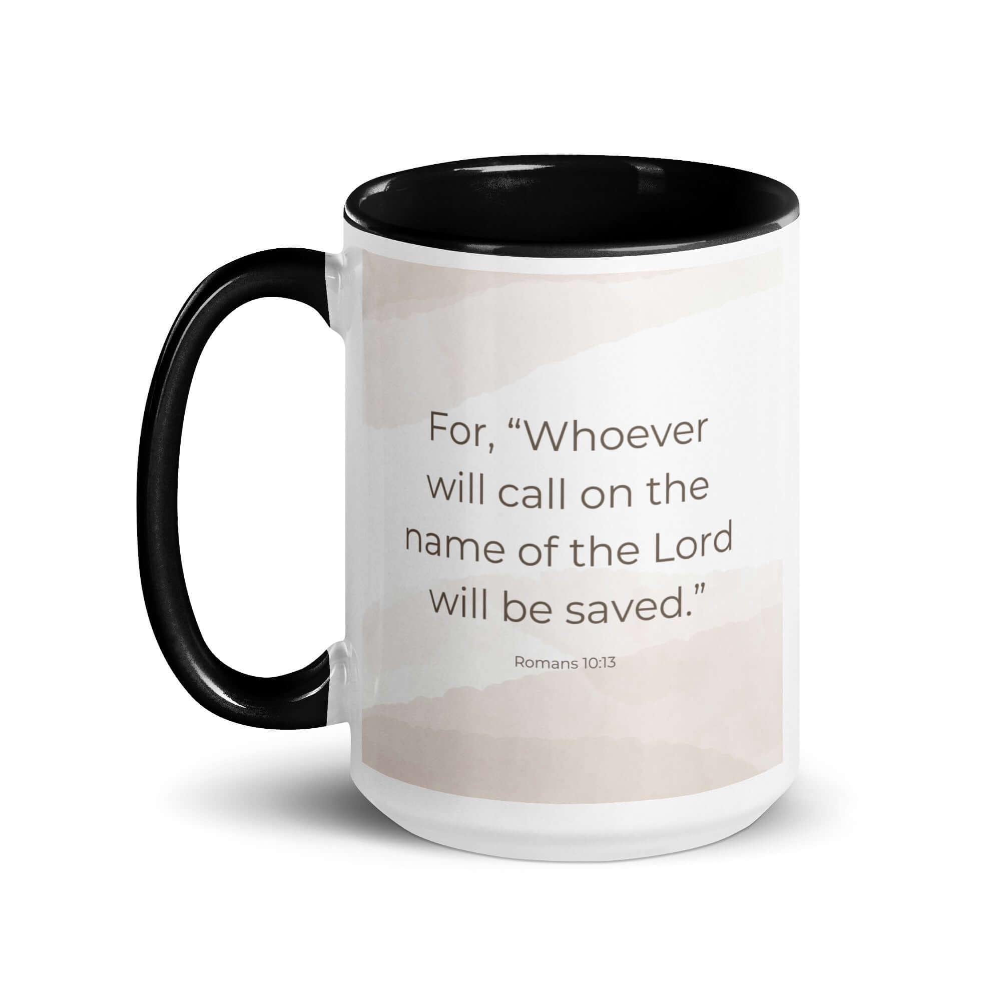 Romans 10:13 Bible Verse, the name White Ceramic Mug with Color Inside