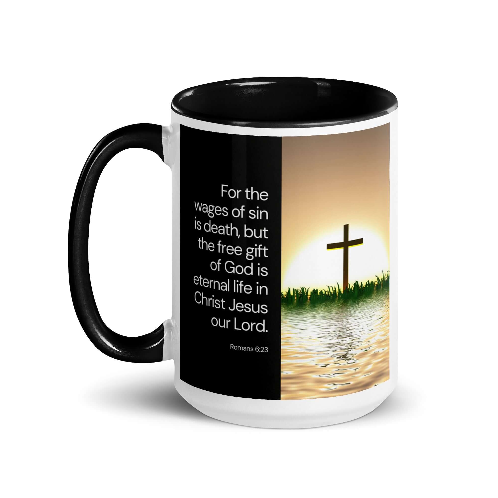Romans 6:23 Bible Verse, the wages White Ceramic Mug with Color Inside