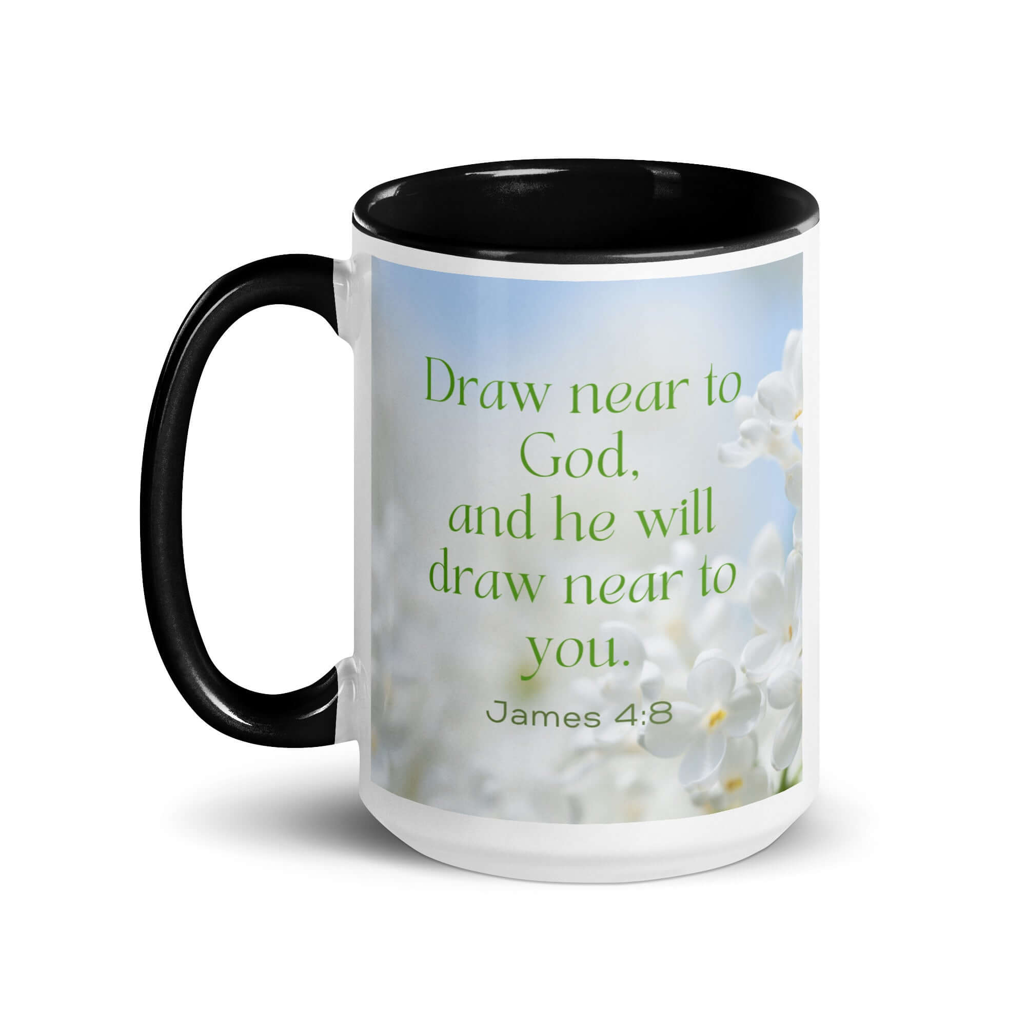 James 4:8 Bible Verse, Draw near White Ceramic Mug with Color Inside