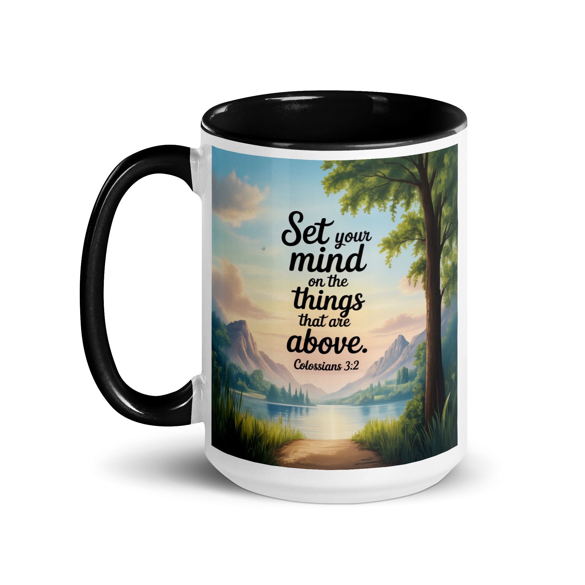 Colossians 3:2 Bible Verse Set White Ceramic Mug with Color Inside