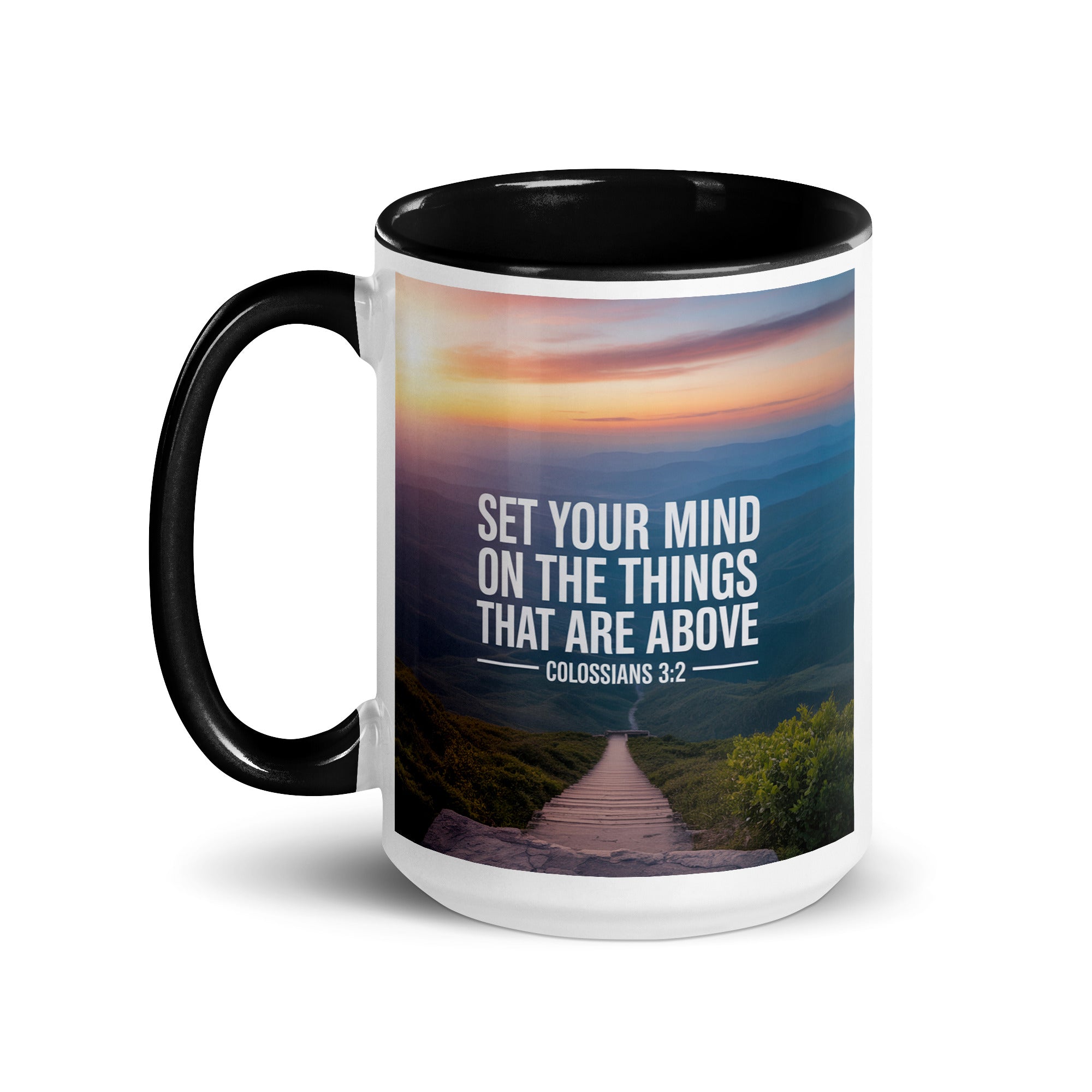 Colossians 3:2 Bible Verse your mind White Ceramic Mug with Color Inside