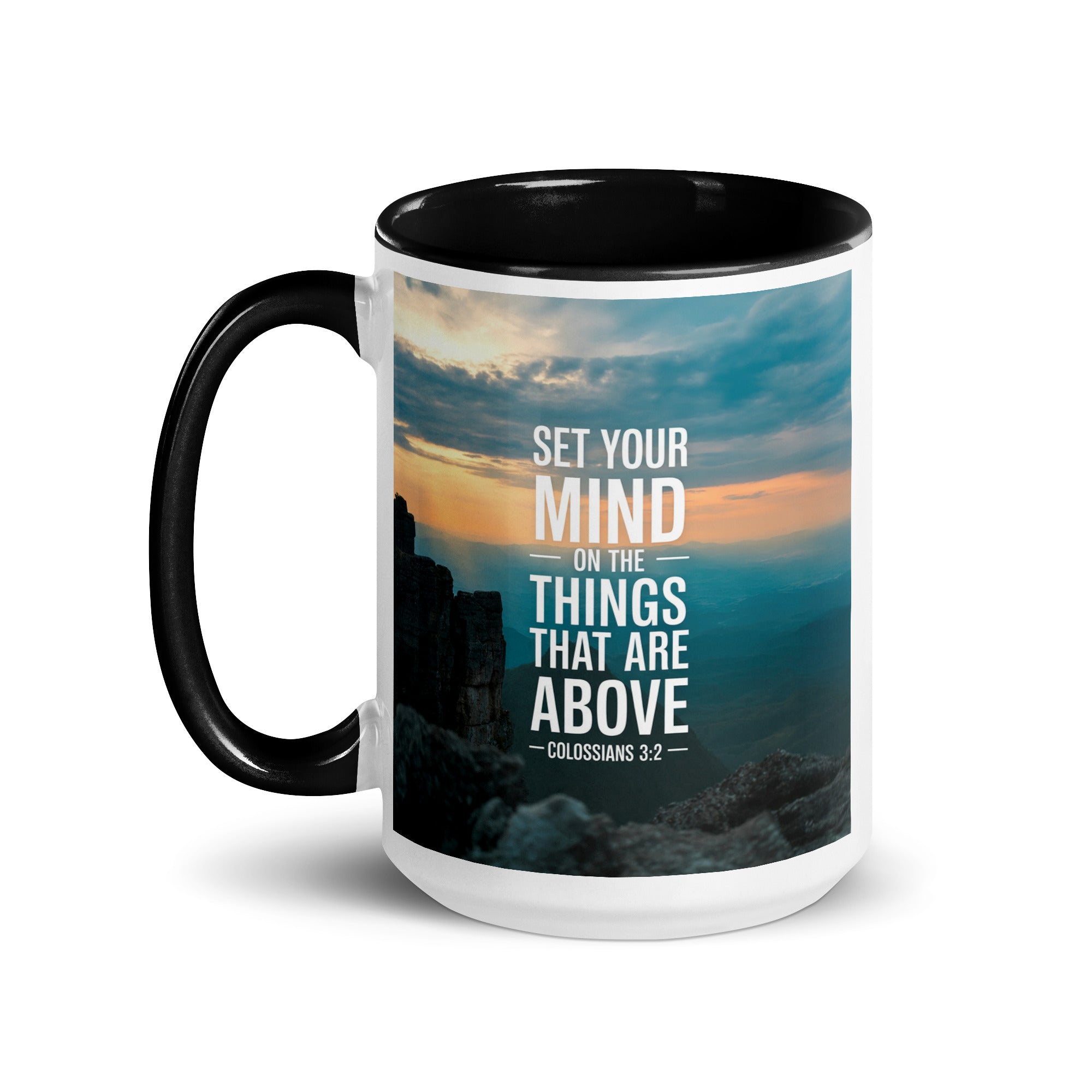 Colossians 3:2 Bible Verse on the White Ceramic Mug with Color Inside