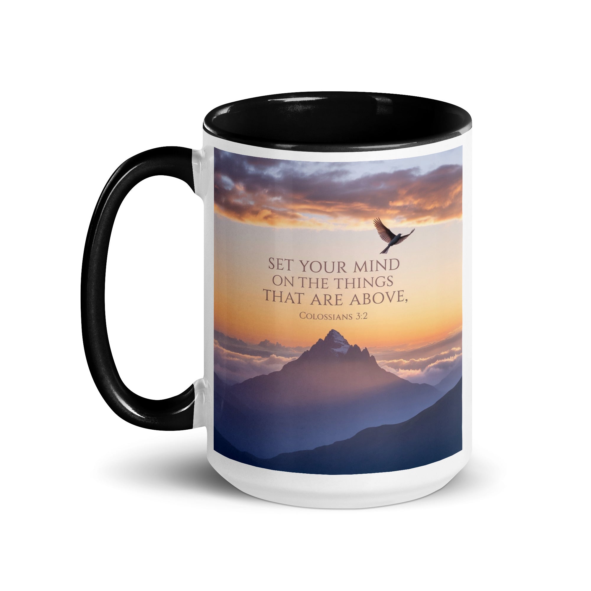 Colossians 3:2 Bible Verse are above White Ceramic Mug with Color Inside