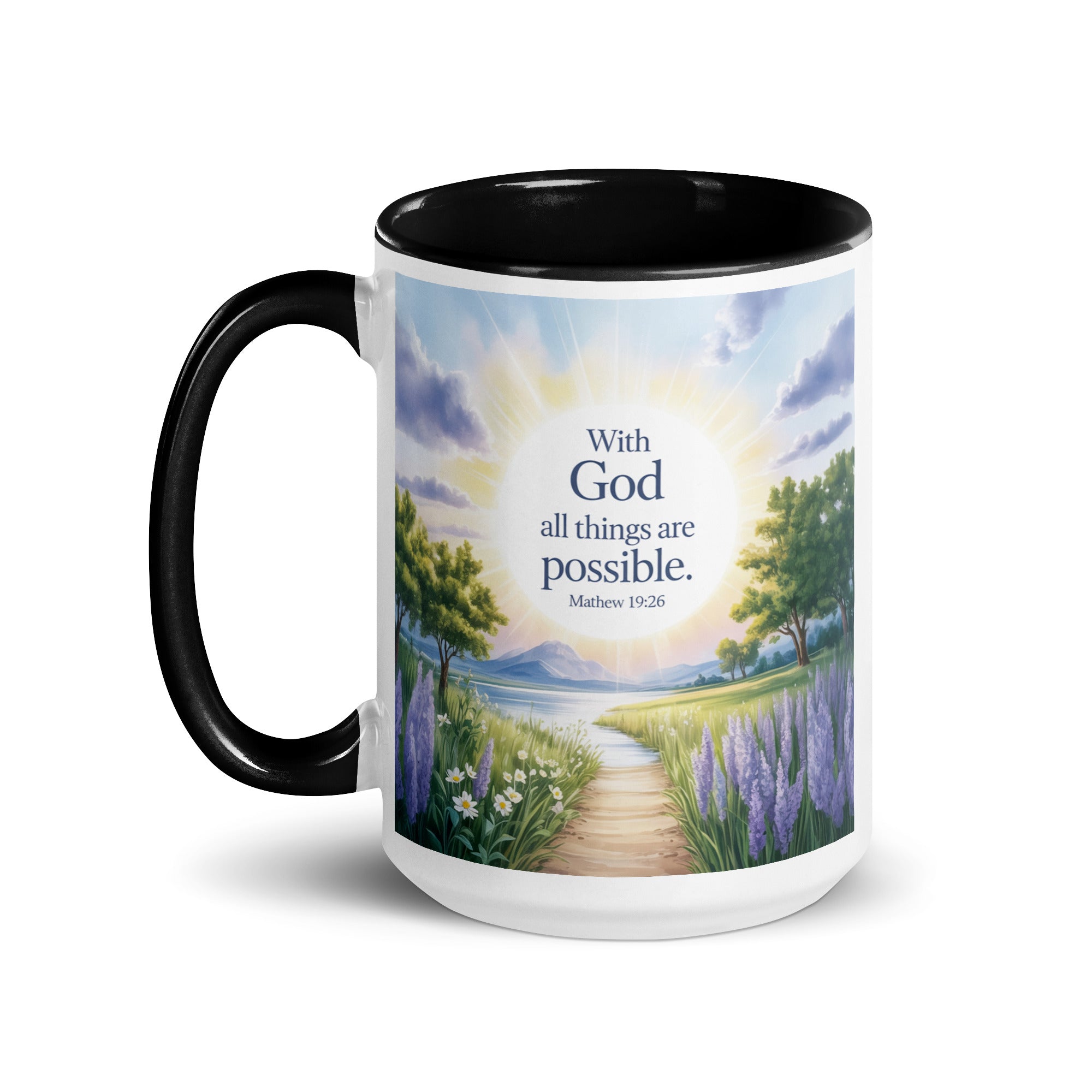 Matthew 19:26 Bible Verse Looking at White Ceramic Mug with Color Inside