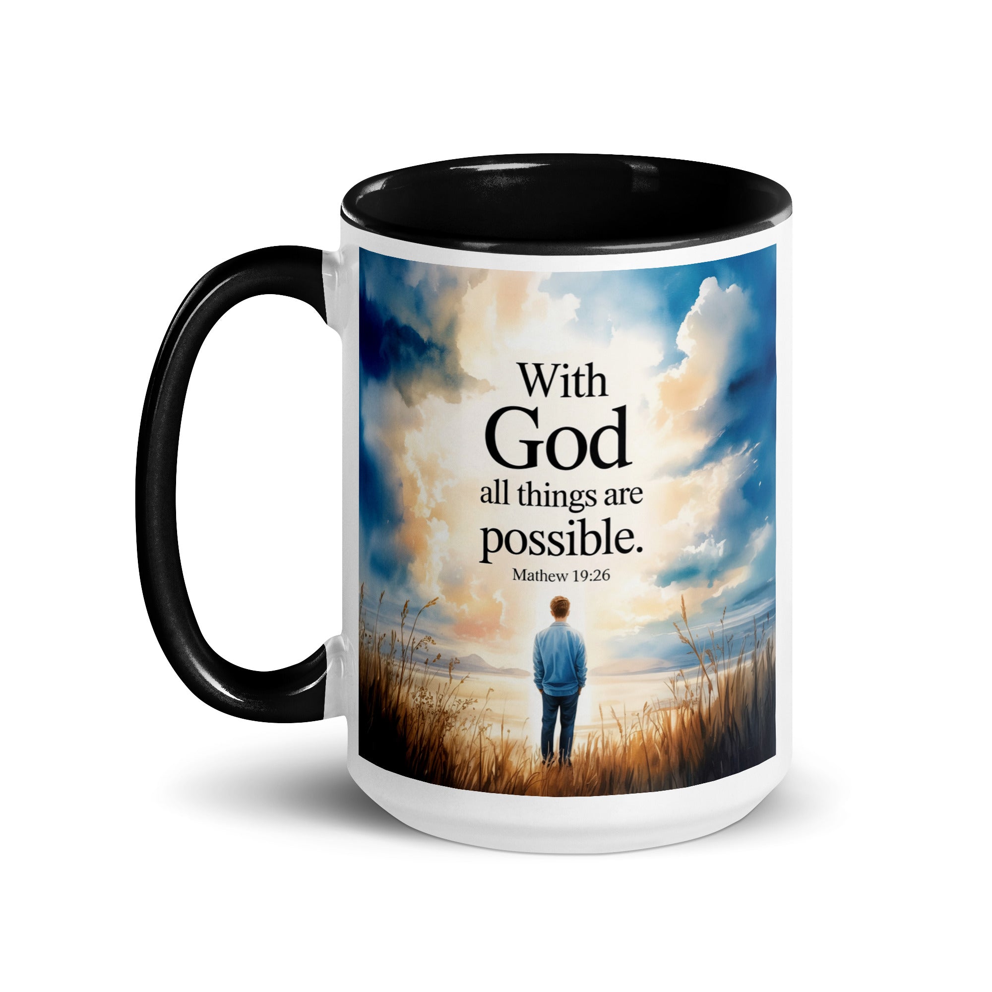 Matthew 19:26 Bible Verse Jesus White Ceramic Mug with Color Inside