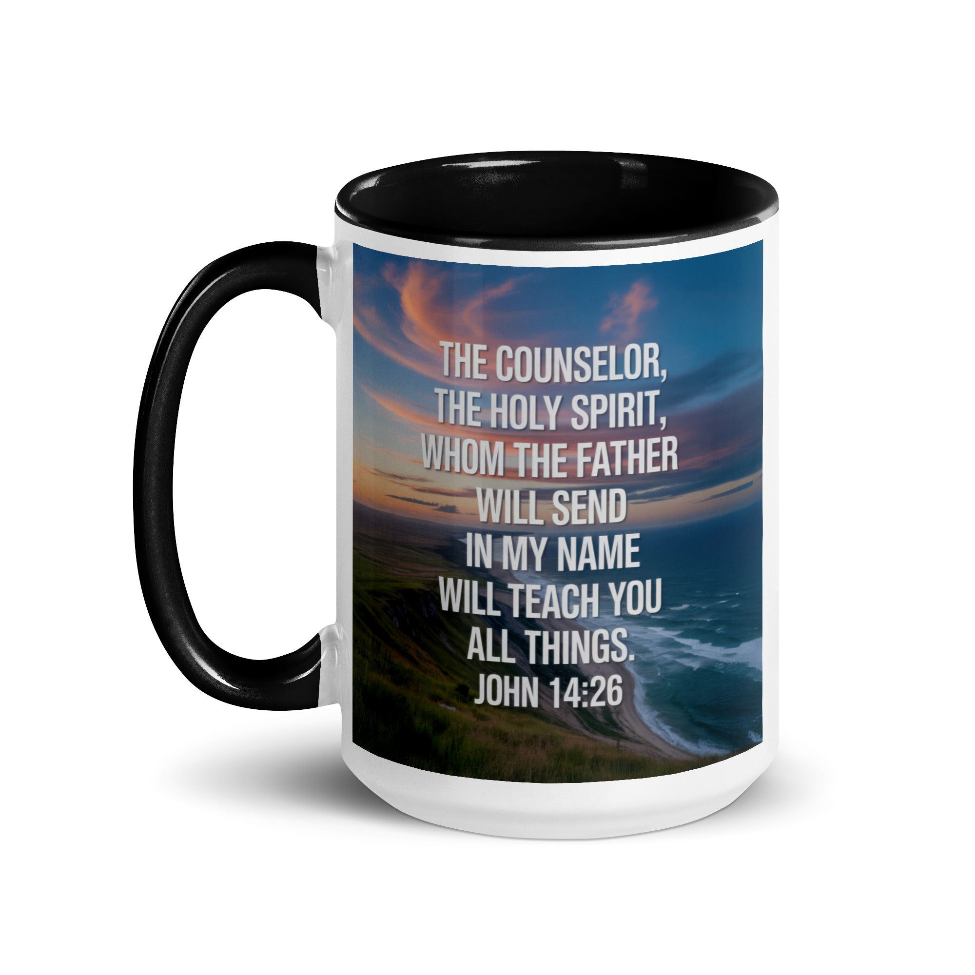 John 14:26 Bible Verse will teach White Ceramic Mug with Color Inside