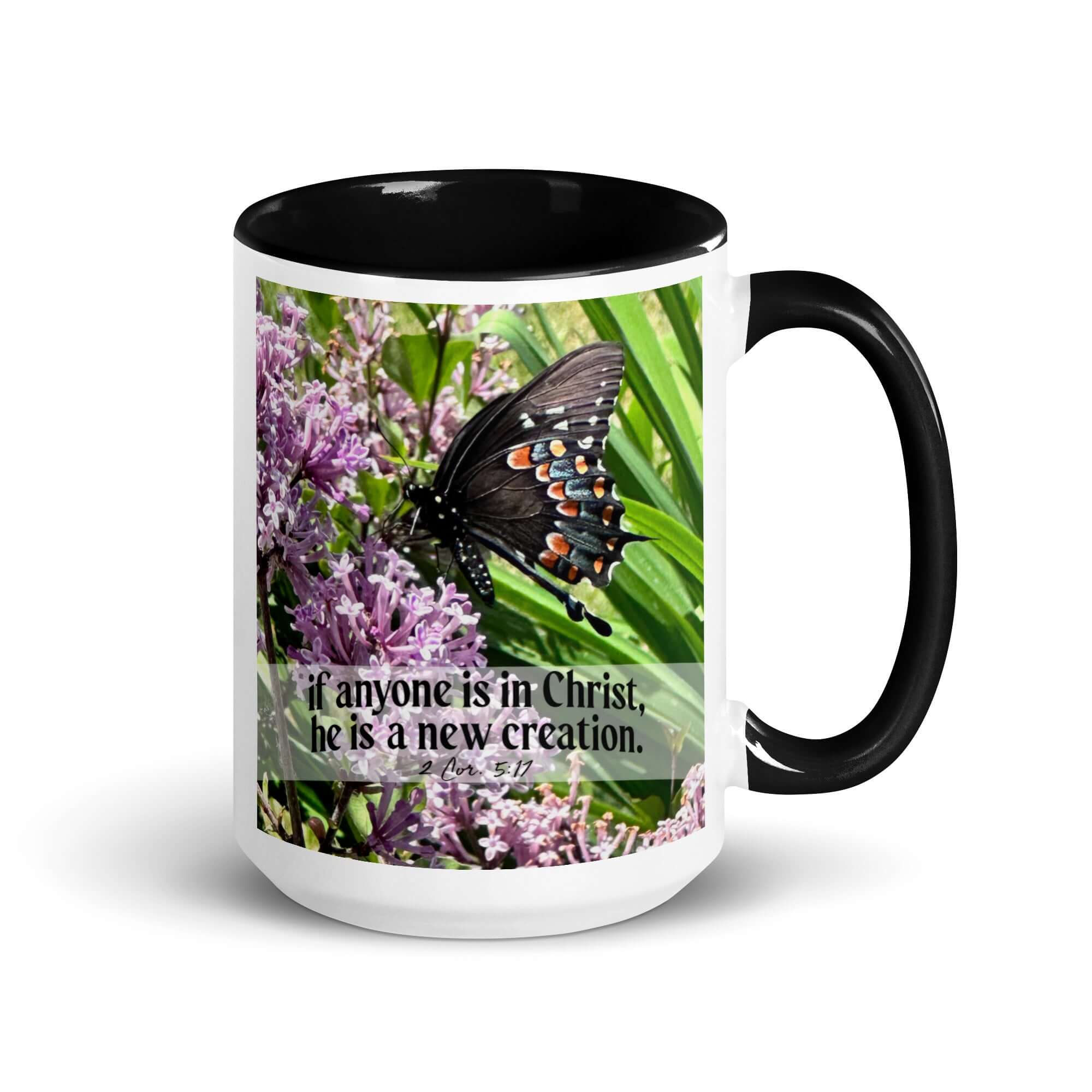 2 Corinthians 5:17 Bible Verse, Butterfly White Ceramic Mug with Color Inside Black 15 oz
