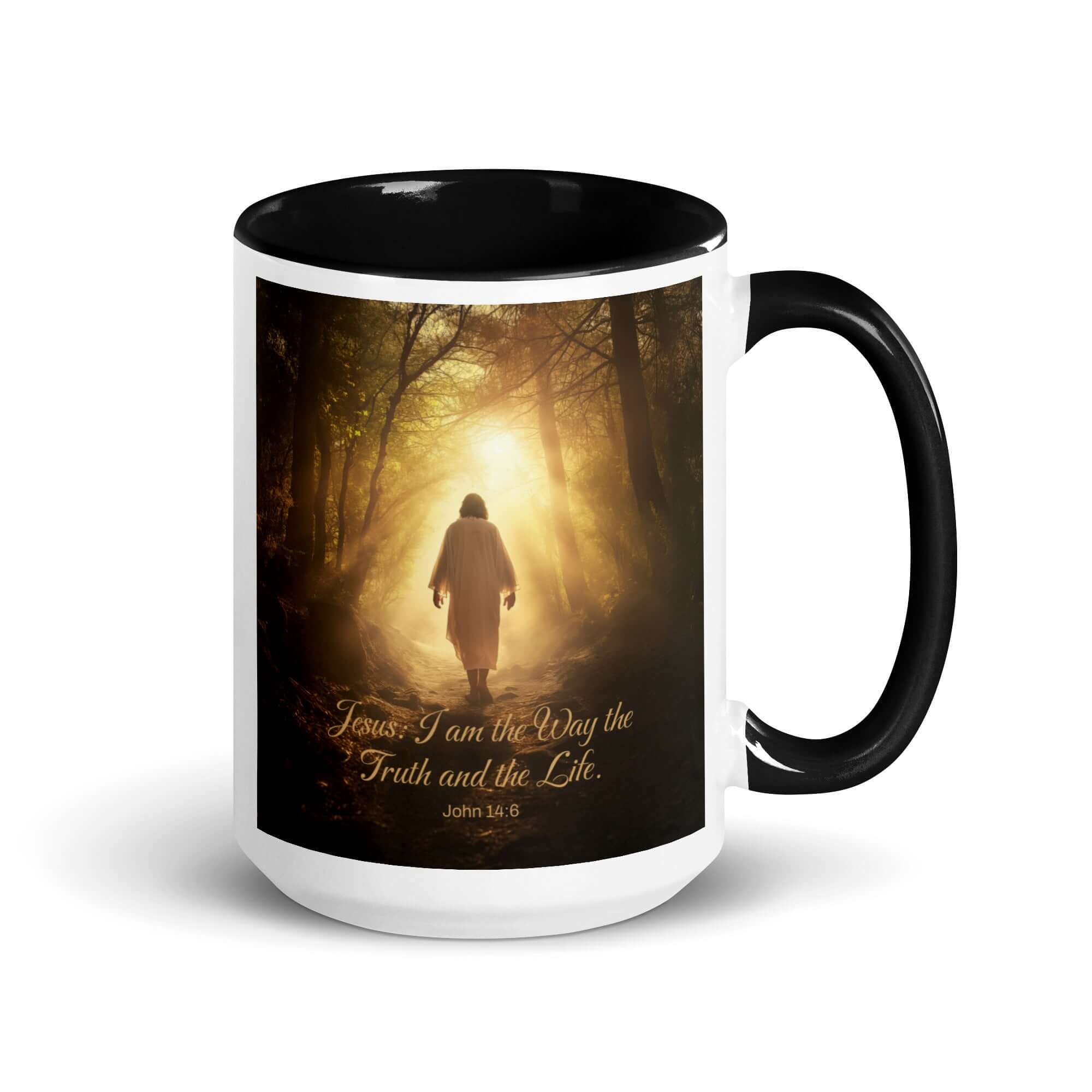 John 14:6 Bible Verse, Forest Image White Ceramic Mug with Color Inside Black 15 oz
