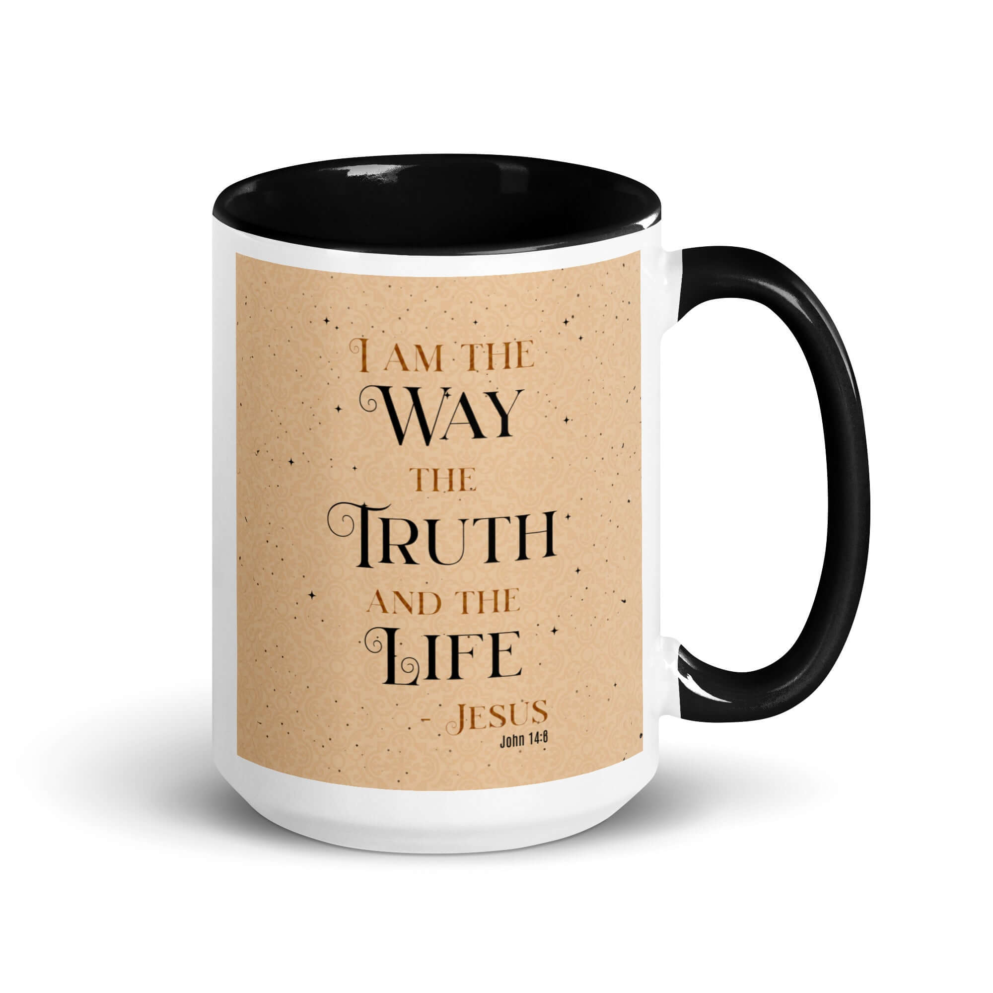 John 14:6 Bible Verse, Color Text Brown Background White Ceramic Mug with Color Inside Black 15 oz