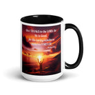 Psalm 107:1 Bible Verse, Give Thanks to the Lord White Ceramic Mug with Color Inside Black 15 oz