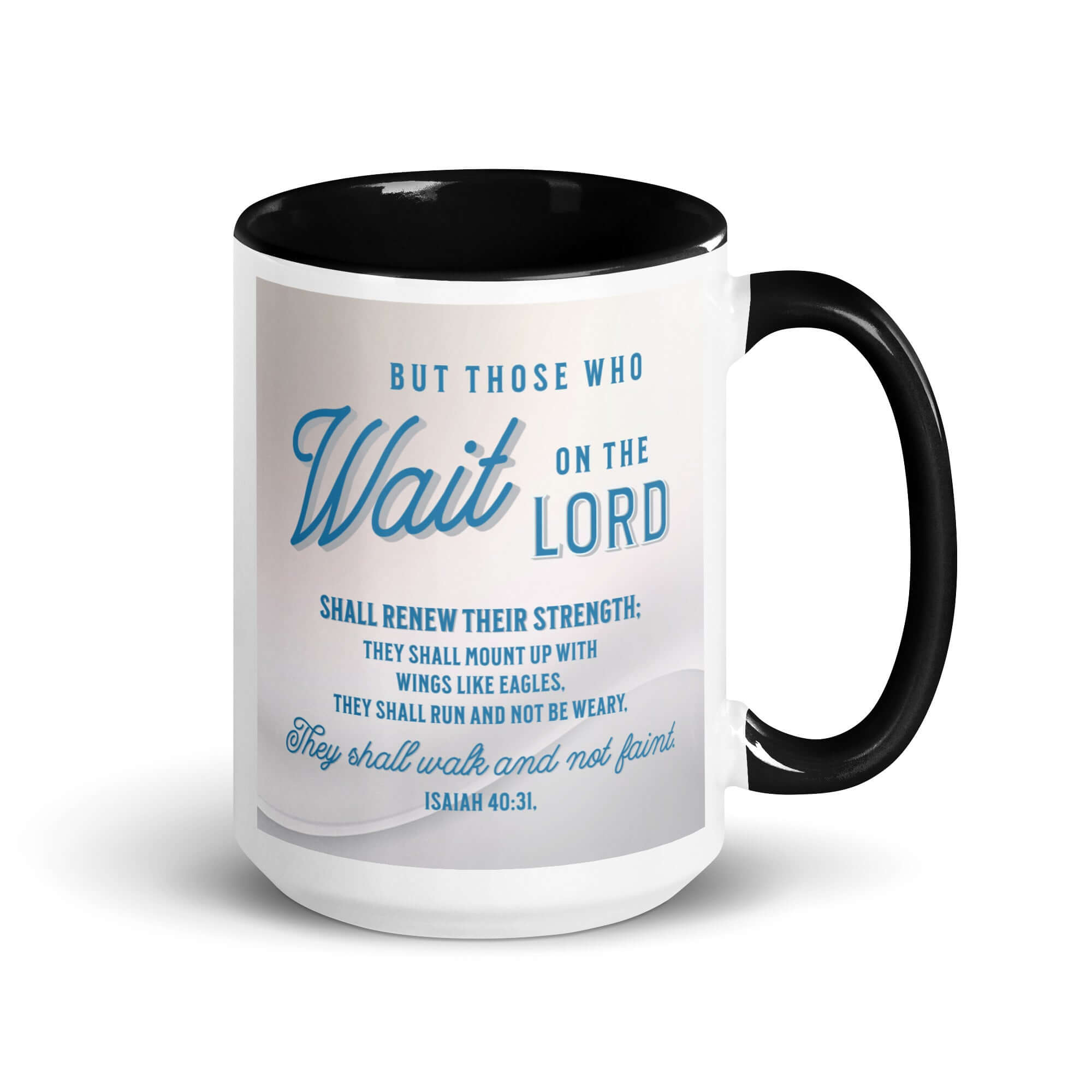 Isaiah 40:31 Bible Verse, Wings like Eagles White Ceramic Mug with Color Inside Black 15 oz