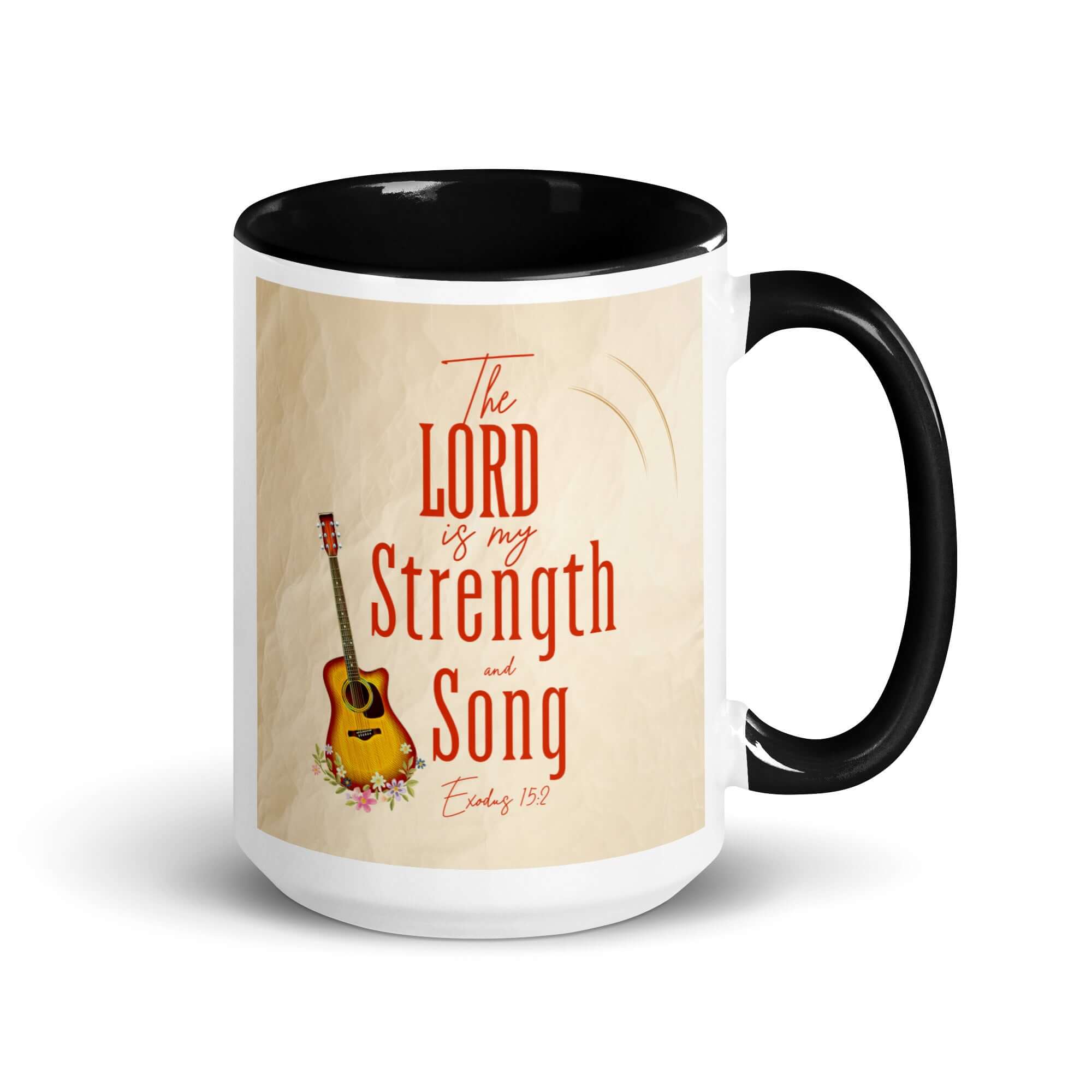 Exodus 15:2 Bible Verse, The LORD is my strength White Ceramic Mug with Color Inside Black 15 oz