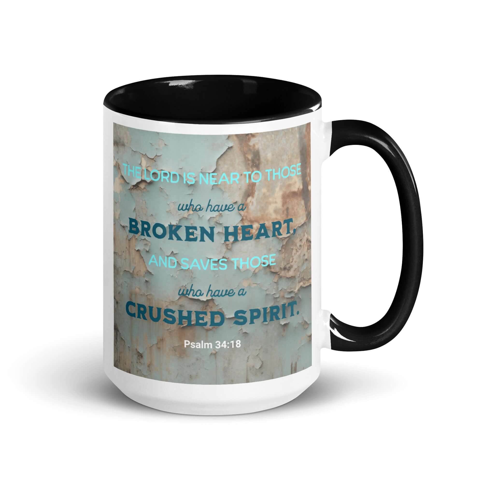 Psalm 34:18 Bible Verse, The LORD is Near White Ceramic Mug with Color Inside Black 15 oz