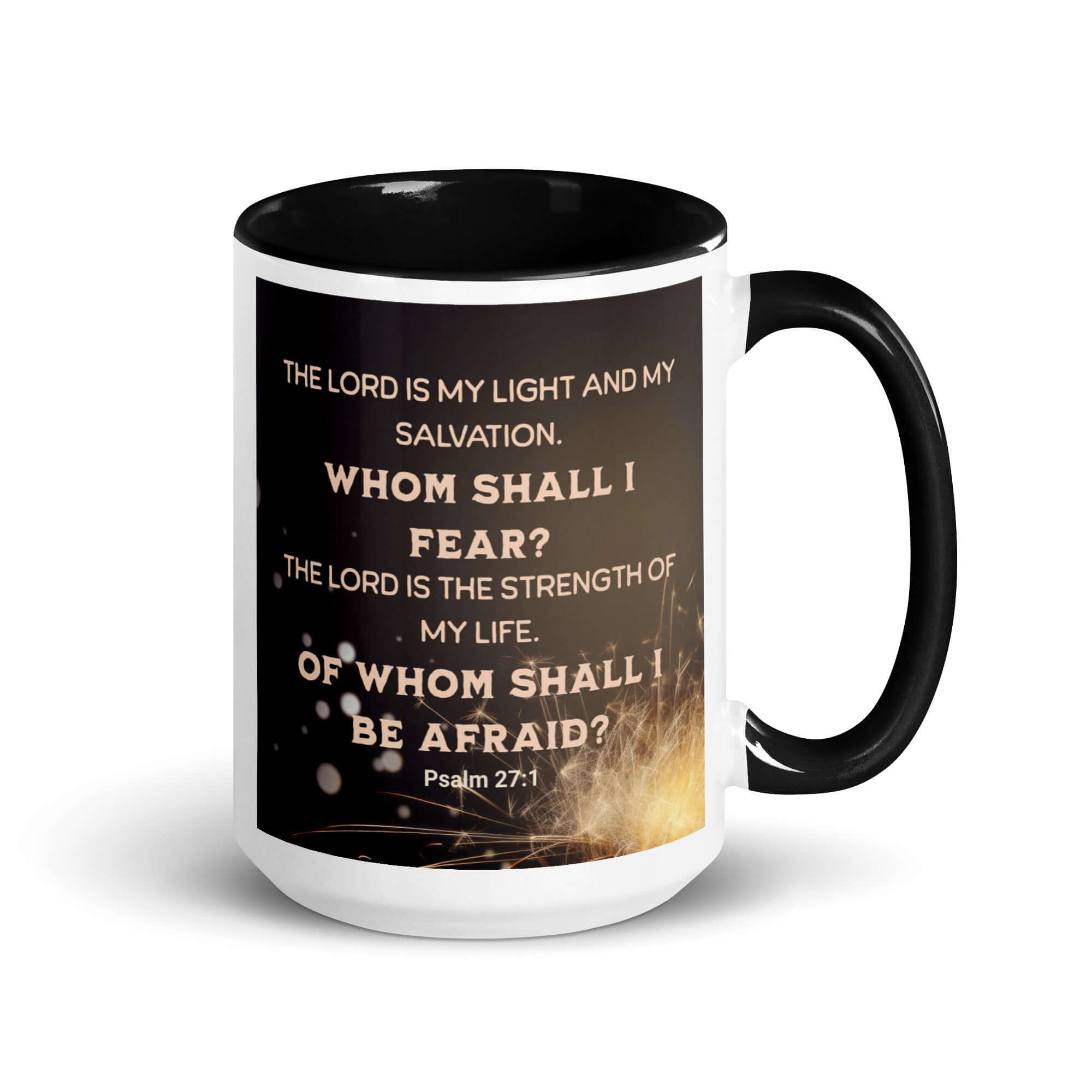 Psalm 27:1 Bible Verse, The LORD is My Light White Ceramic Mug with Color Inside Black 15 oz