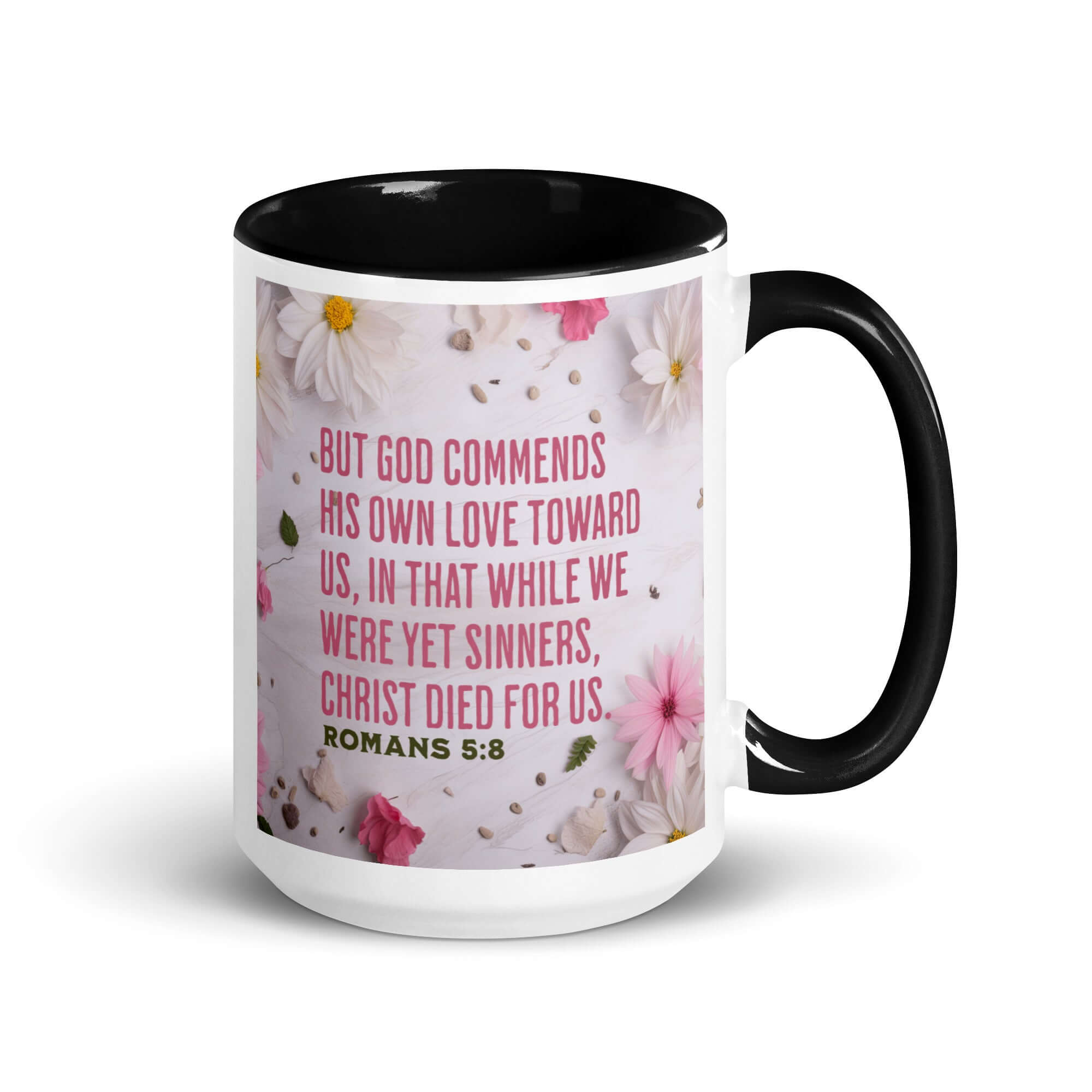 Romans 5:8 Bible Verse, Christ Died for Us White Ceramic Mug with Color Inside Black 15 oz