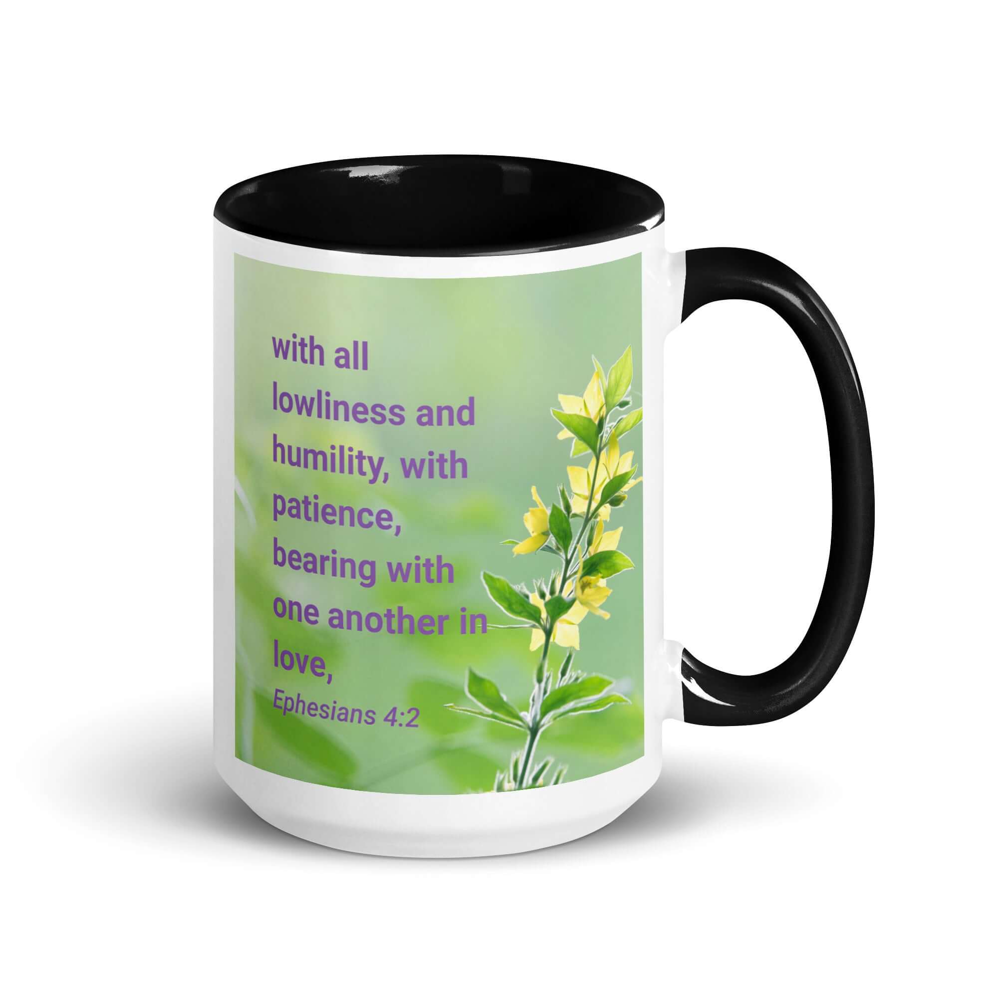 Ephesians 4:2 Bible Verse, one another in love White Ceramic Mug with Color Inside Black 15 oz