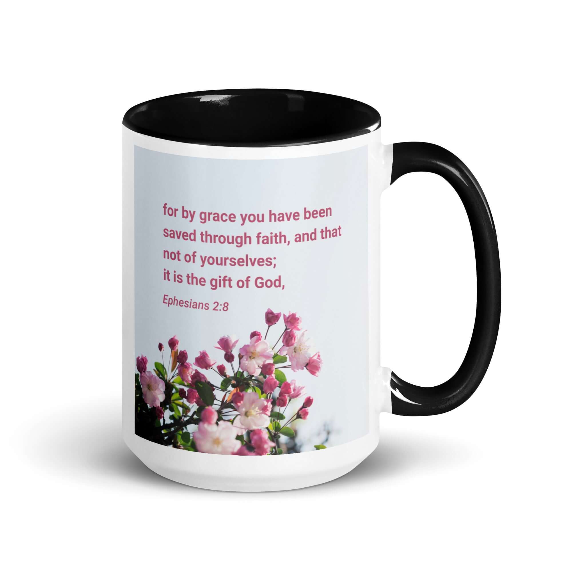 Ephesians 2:8 Bible Verse, saved through faith White Ceramic Mug with Color Inside Black 15 oz