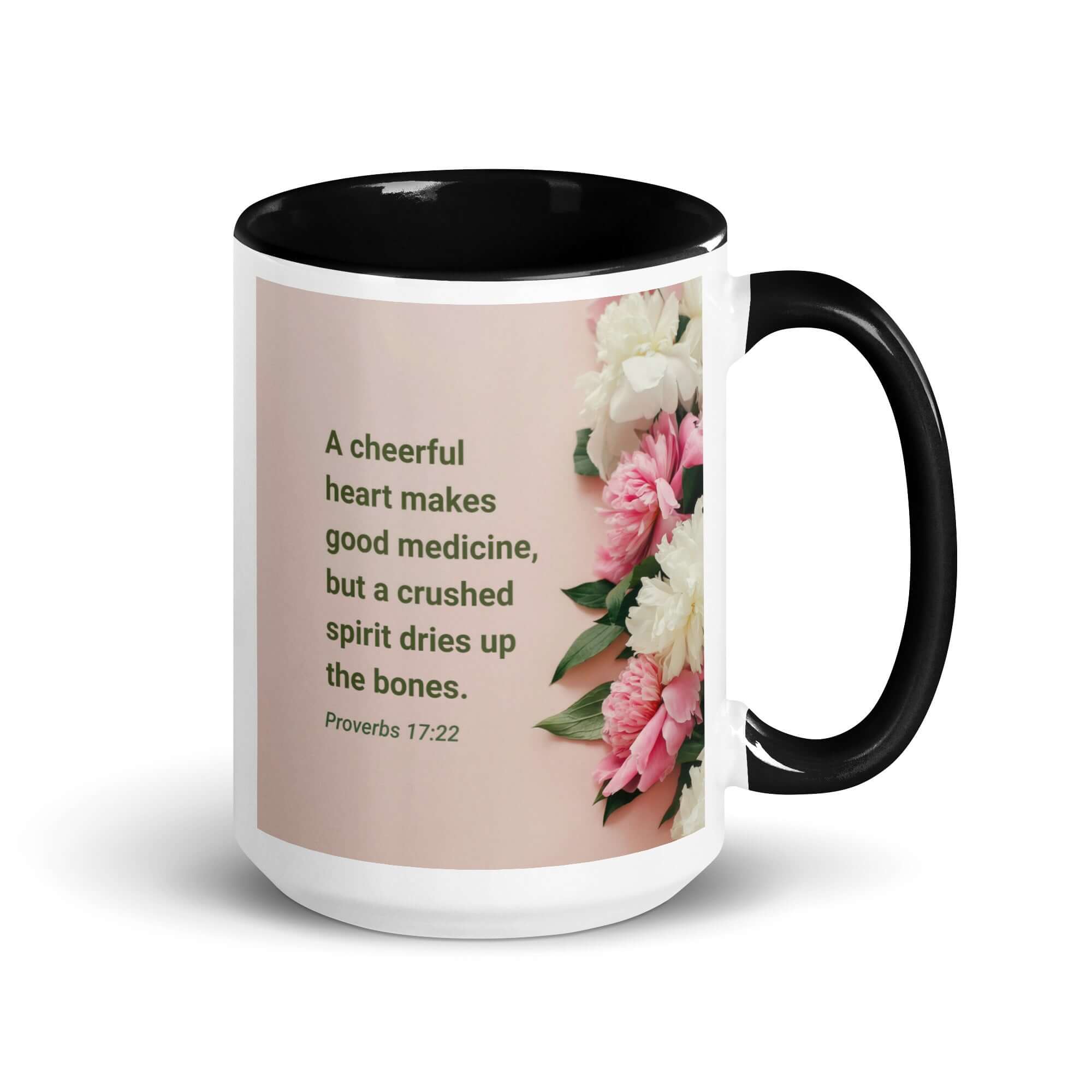 Proverbs 17:22 Bible Verse, good medicine White Ceramic Mug with Color Inside Black 15 oz
