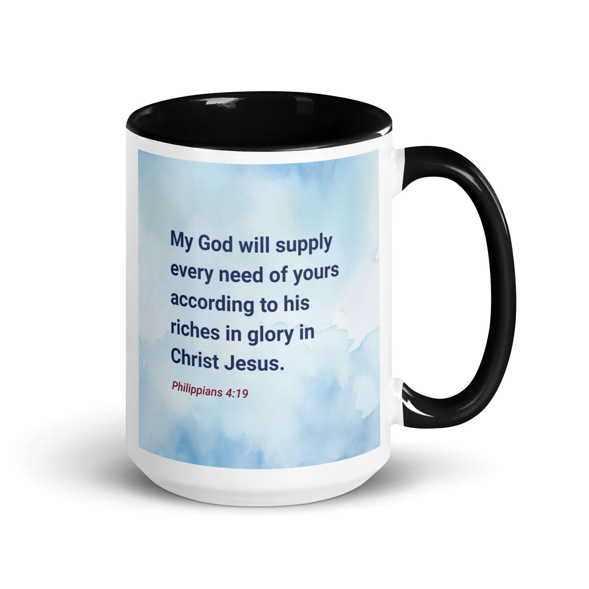 Philippians 4:19 Bible Verse, God will supply White Ceramic Mug with Color Inside Black 15 oz