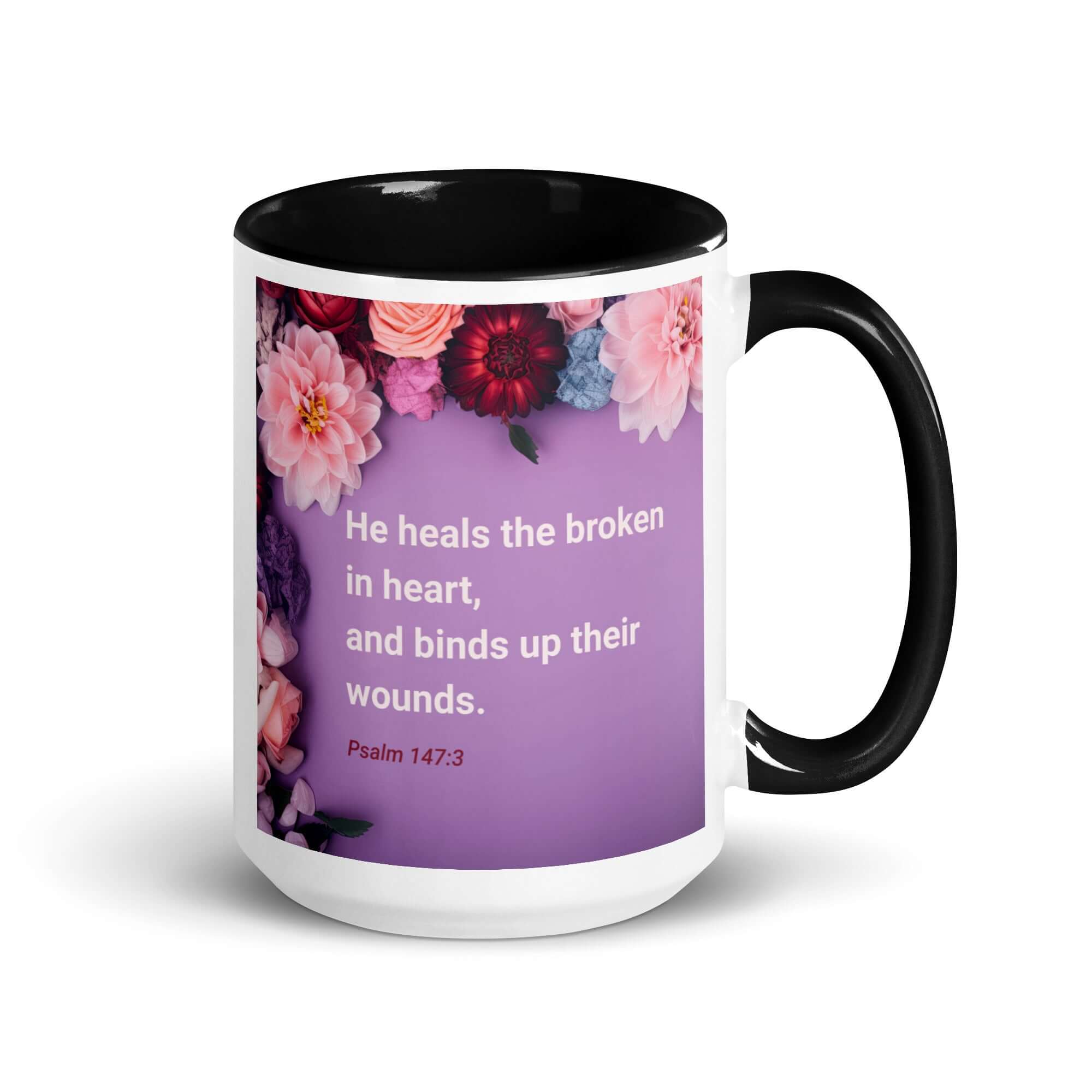 Psalm 147:3 Bible Verse, He heals the broken White Ceramic Mug with Color Inside Black 15 oz