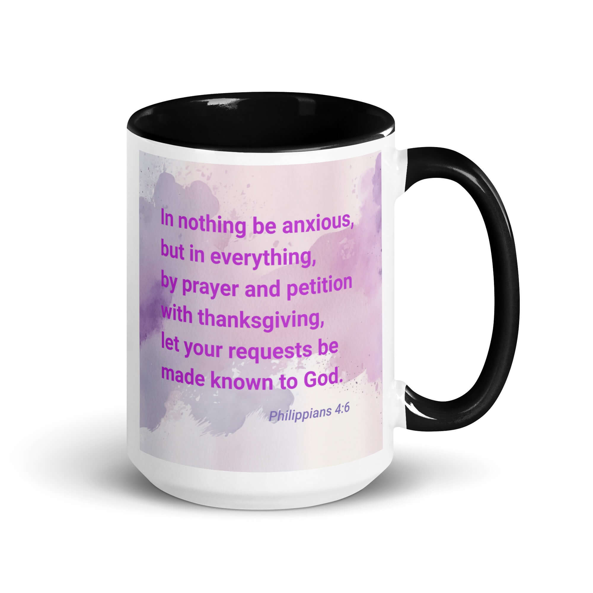 Philippians 4:6 Bible Verse, Prayer and Petition White Ceramic Mug with Color Inside Black 15 oz