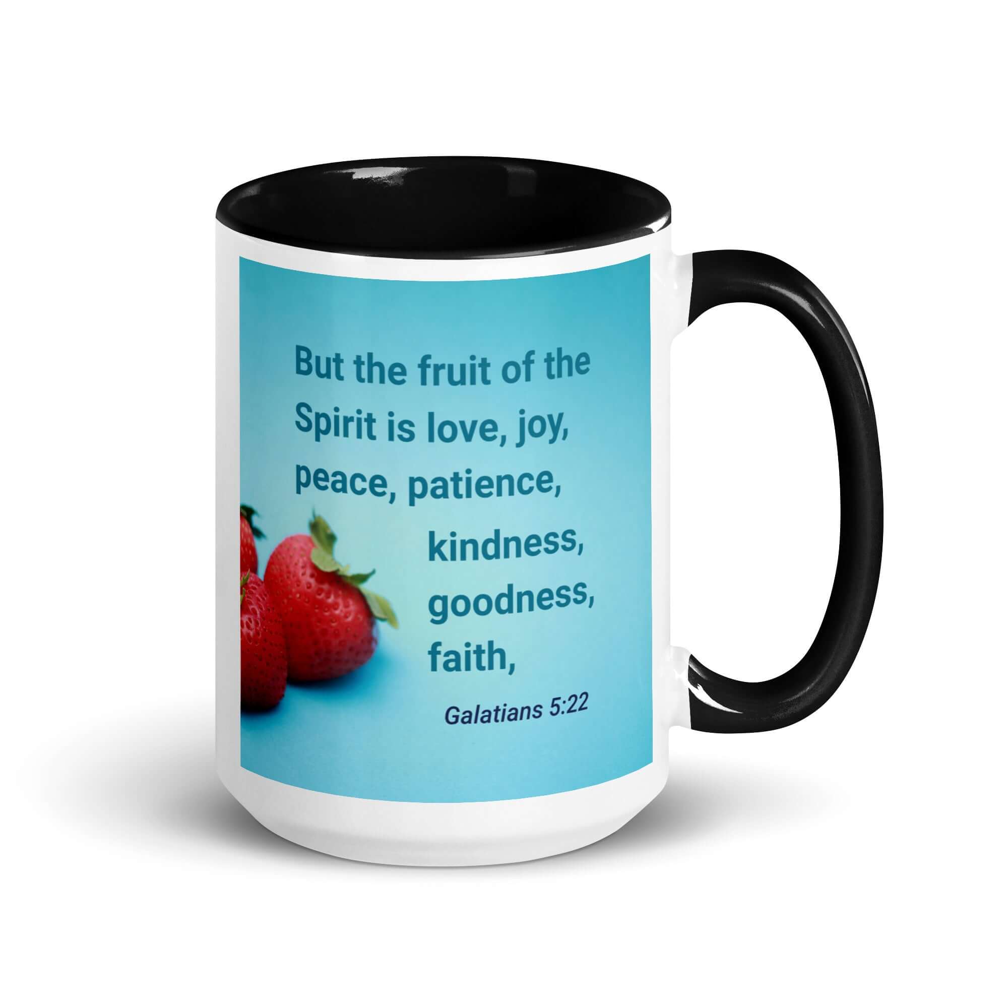 Galatians 5:22 Bible Verse, fruit of the Spirit White Ceramic Mug with Color Inside Black 15 oz