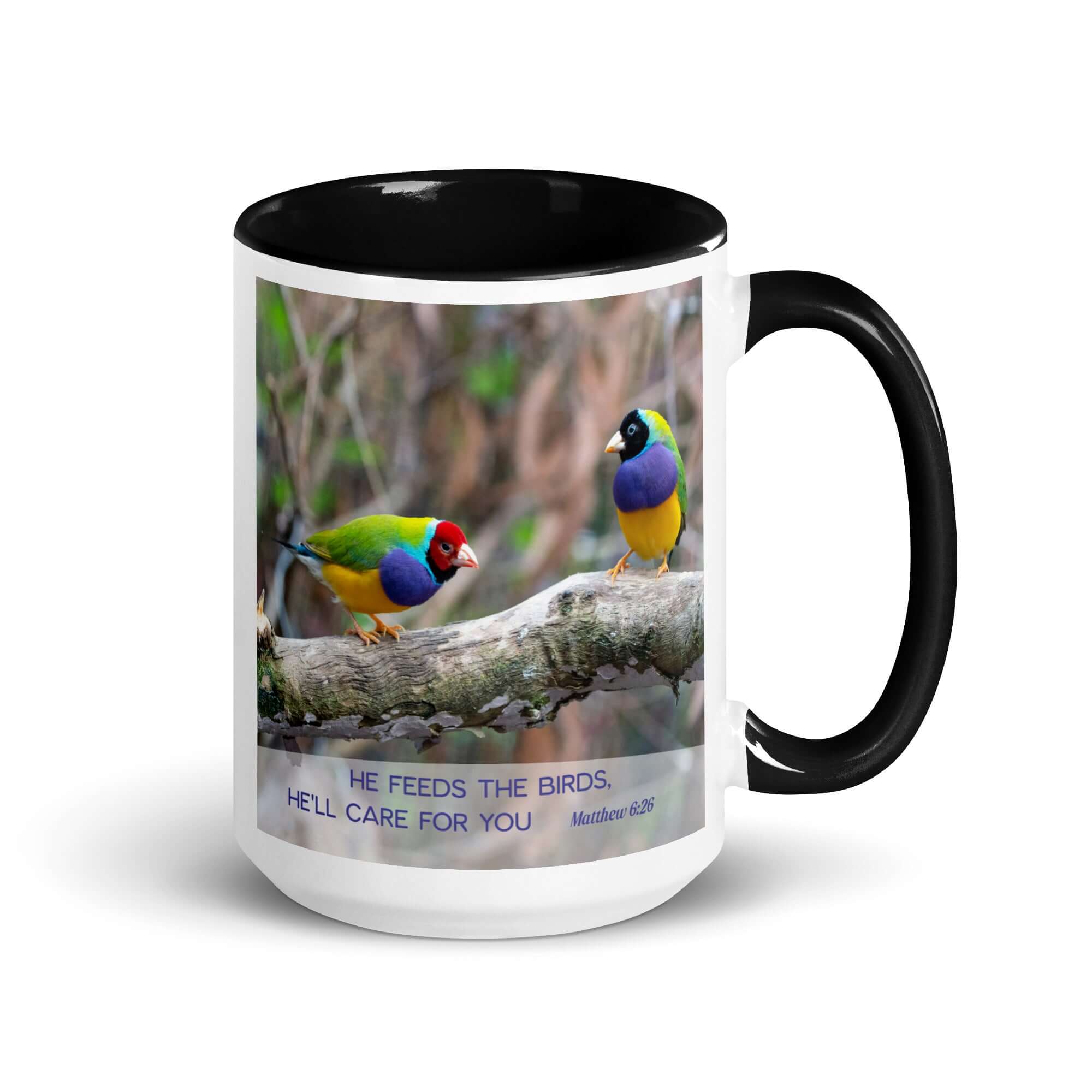 Matthew 6:26 Gouldian Finches, He'll Care for You White Ceramic Mug with Color Inside