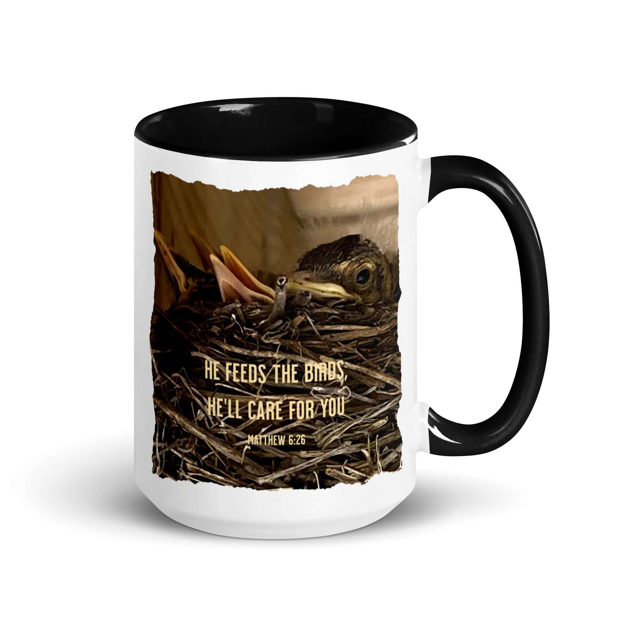 Matthew 6:26 Baby Robins, He'll Care for You White Ceramic Mug with Color Inside