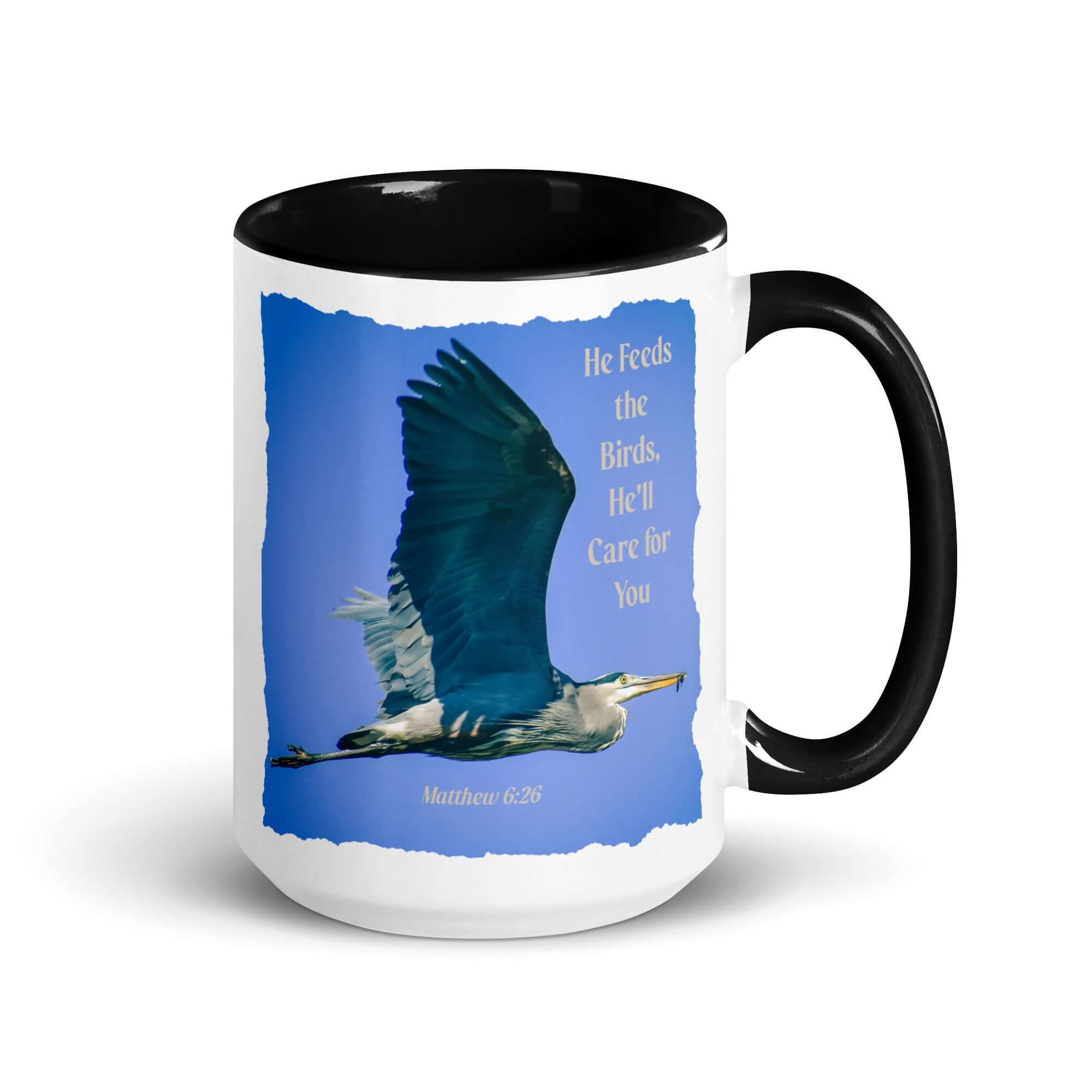Matthew 6:26 Graceful Heron, He'll Care for You White Ceramic Mug with Color Inside
