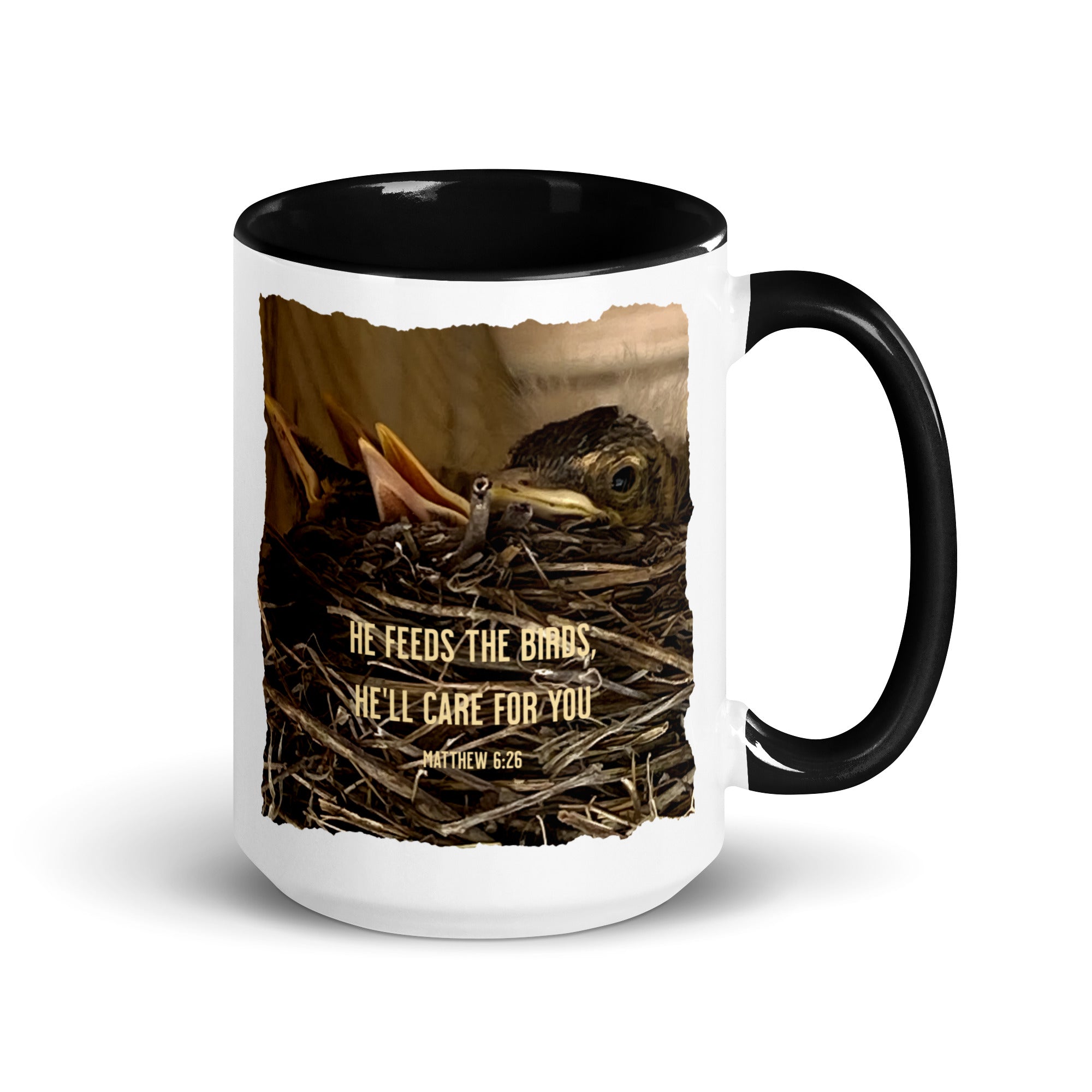Matthew 6:26 Baby Robins, He'll Care for You White Ceramic Mug with Color Inside Black 15 oz