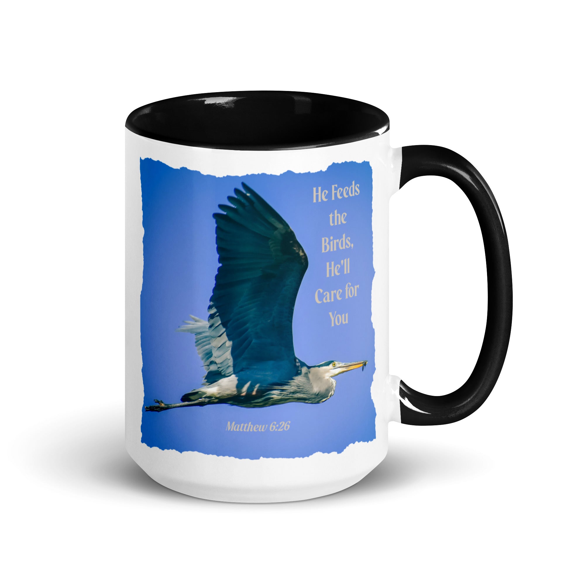 Matthew 6:26 Graceful Heron, He'll Care for You White Ceramic Mug with Color Inside Black 15 oz