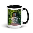 Revelation 3:20 Bible Verse, Garden Doorway White Ceramic Mug with Color Inside Black 15 oz