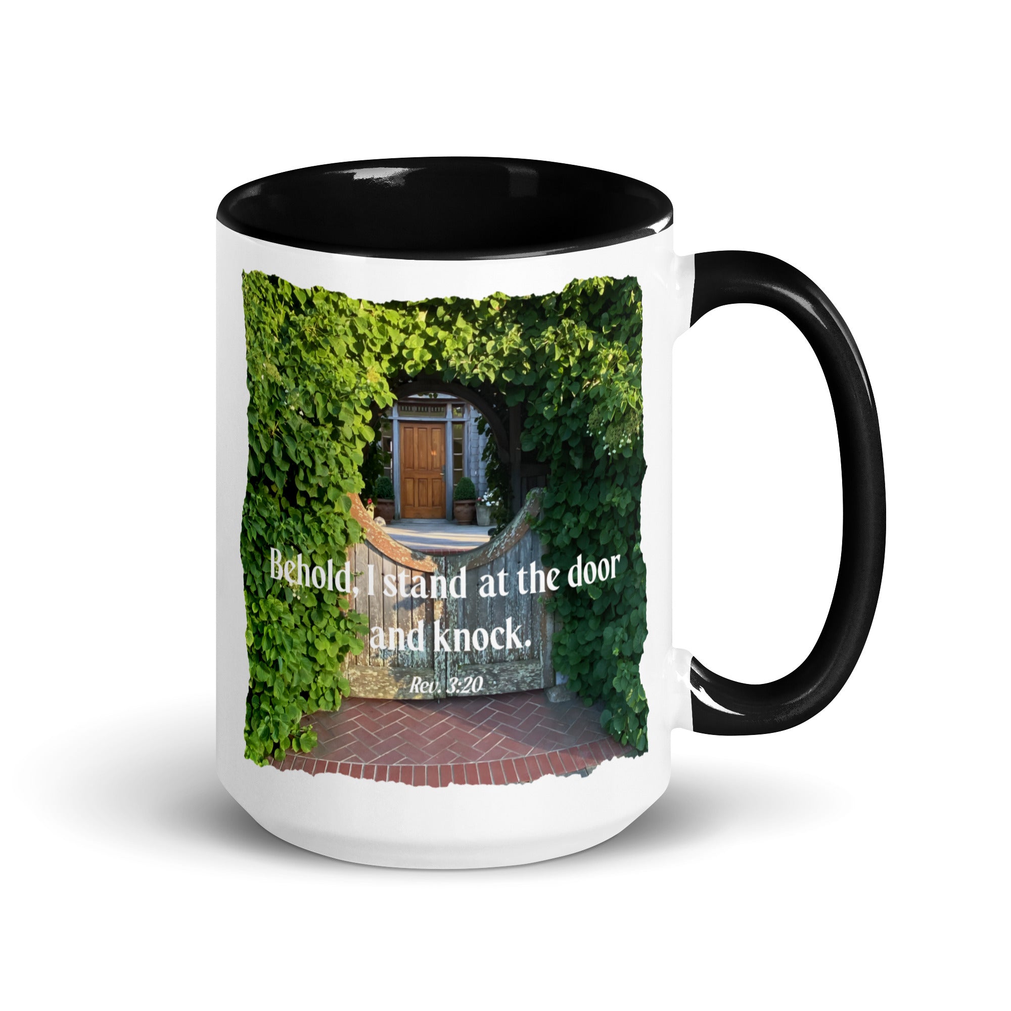 Revelation 3:20 Bible Verse, Garden Doorway White Ceramic Mug with Color Inside Black 15 oz