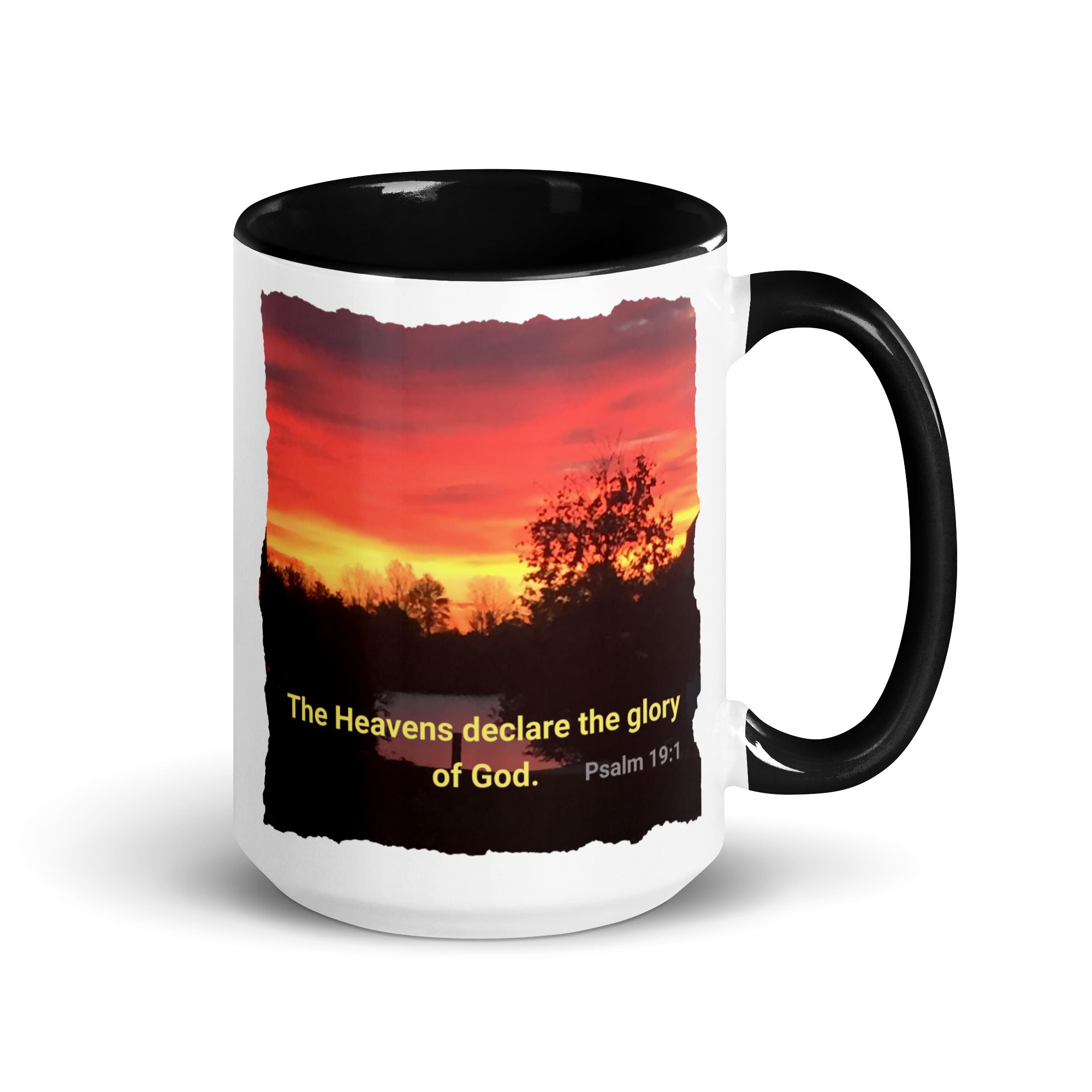 Psalm 19:1 Bible Verse, Sunset Glory White Ceramic Mug with Color Inside Black 15 oz
