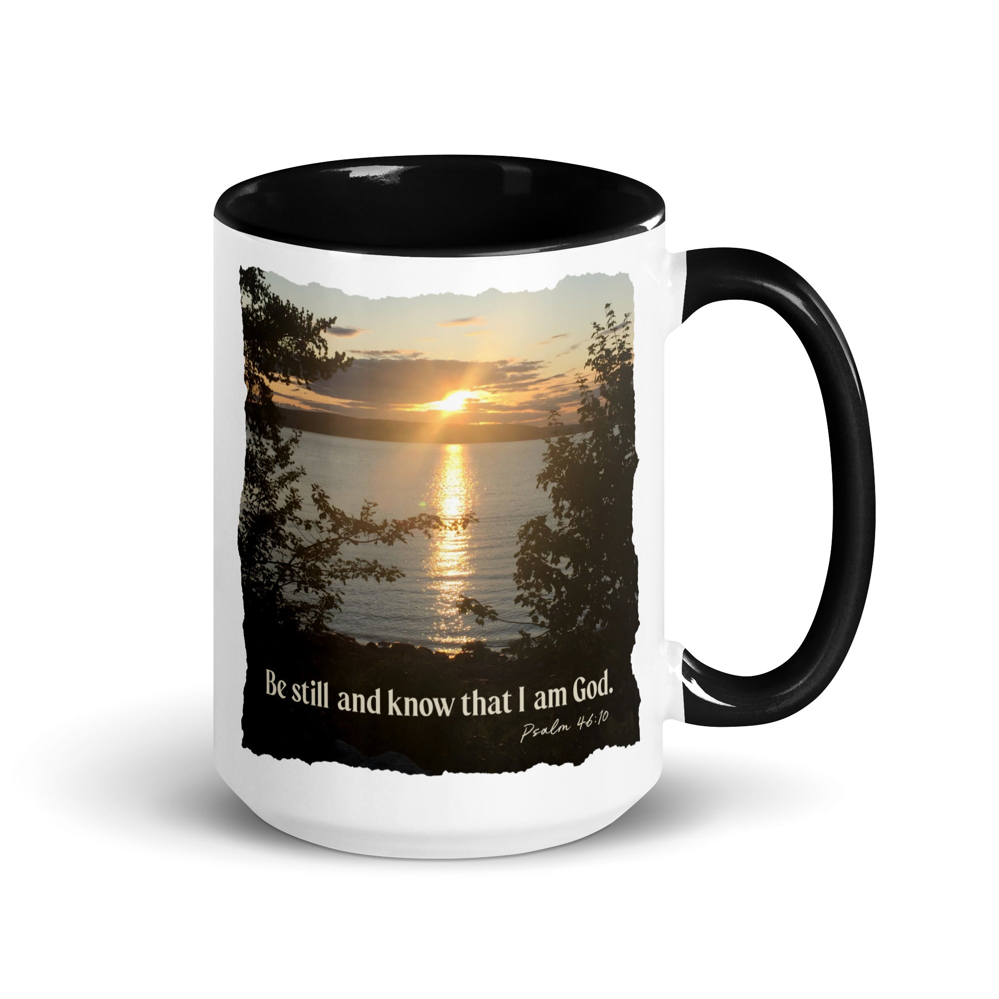 Psalm 46:10 Bible Verse, Sunset Glory White Ceramic Mug with Color Inside Black 15 oz