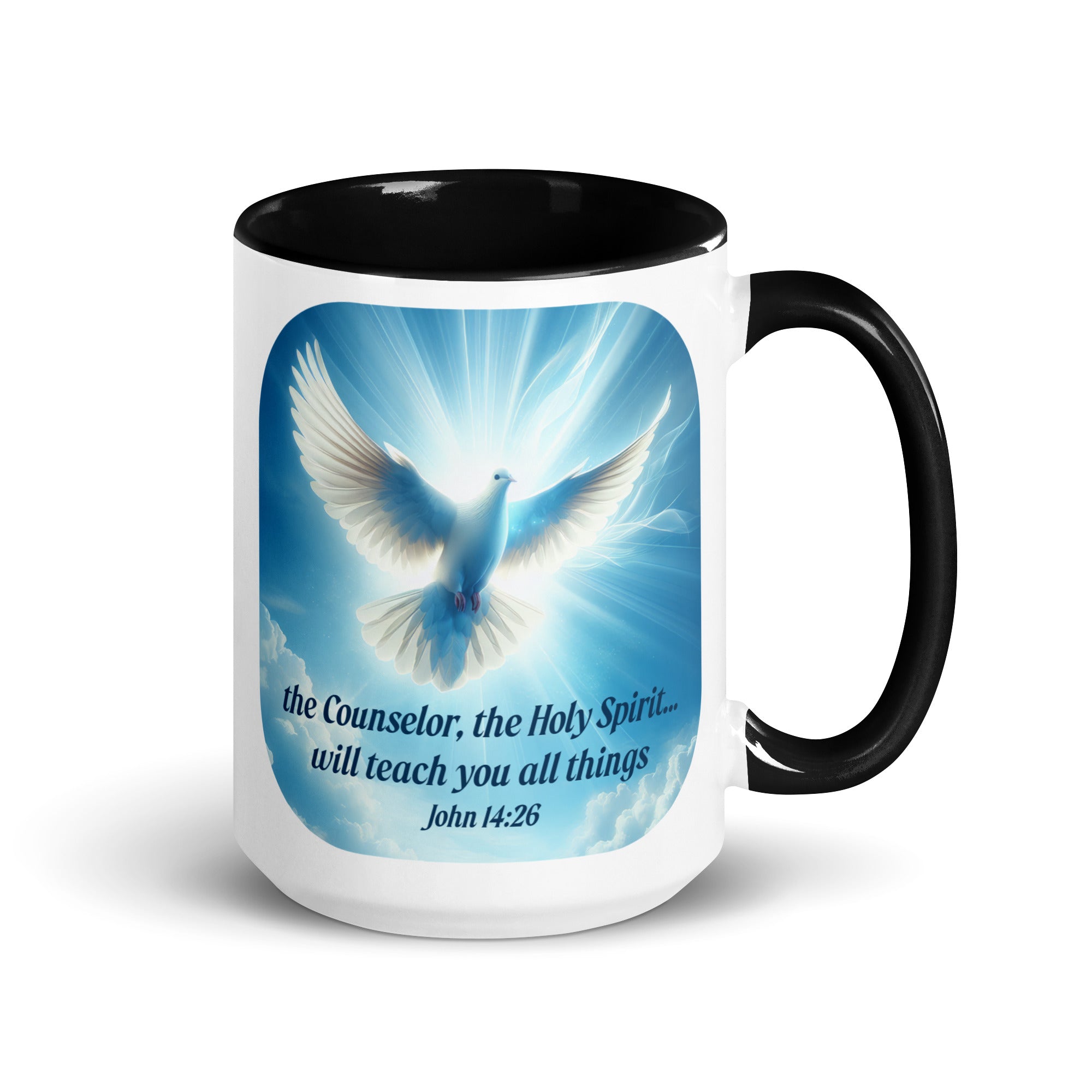 John 14:26 Bible Verse, Holy Spirit Dove White Ceramic Mug with Color Inside Black 15 oz
