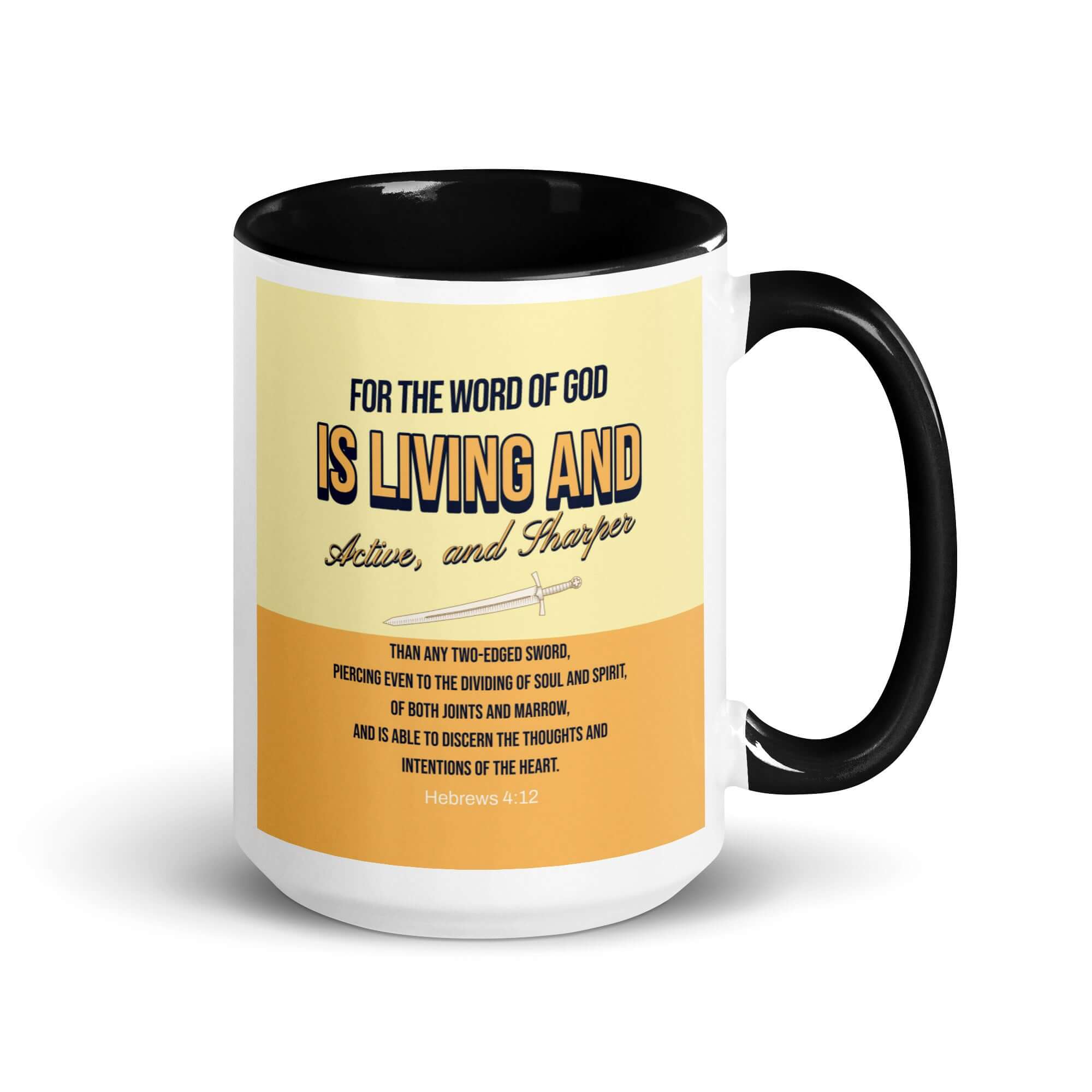 Hebrews 4:12 Bible Verse, living and active White Ceramic Mug with Color Inside Black 15 oz