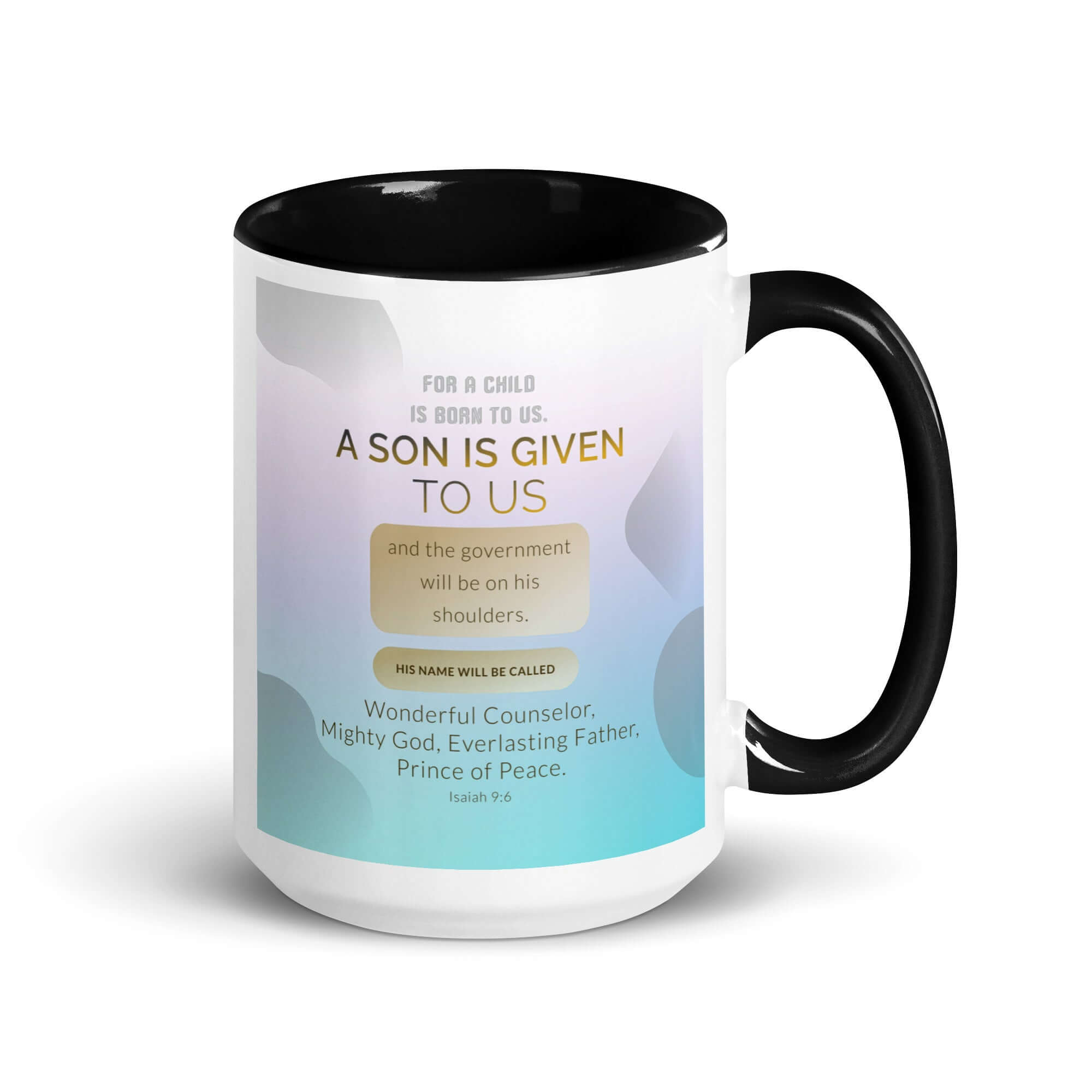Isaiah 9:6 Bible Verse, Wonderful Counselor White Ceramic Mug with Color Inside Black 15 oz