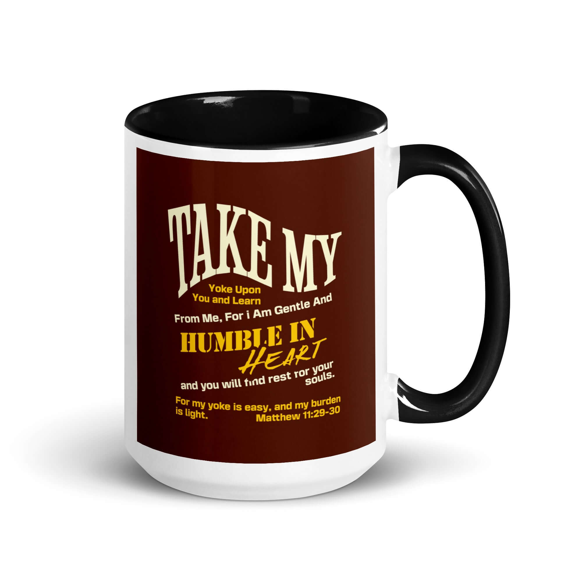 Matthew 11:29-30 Bible Verse, learn from me White Ceramic Mug with Color Inside Black 15 oz